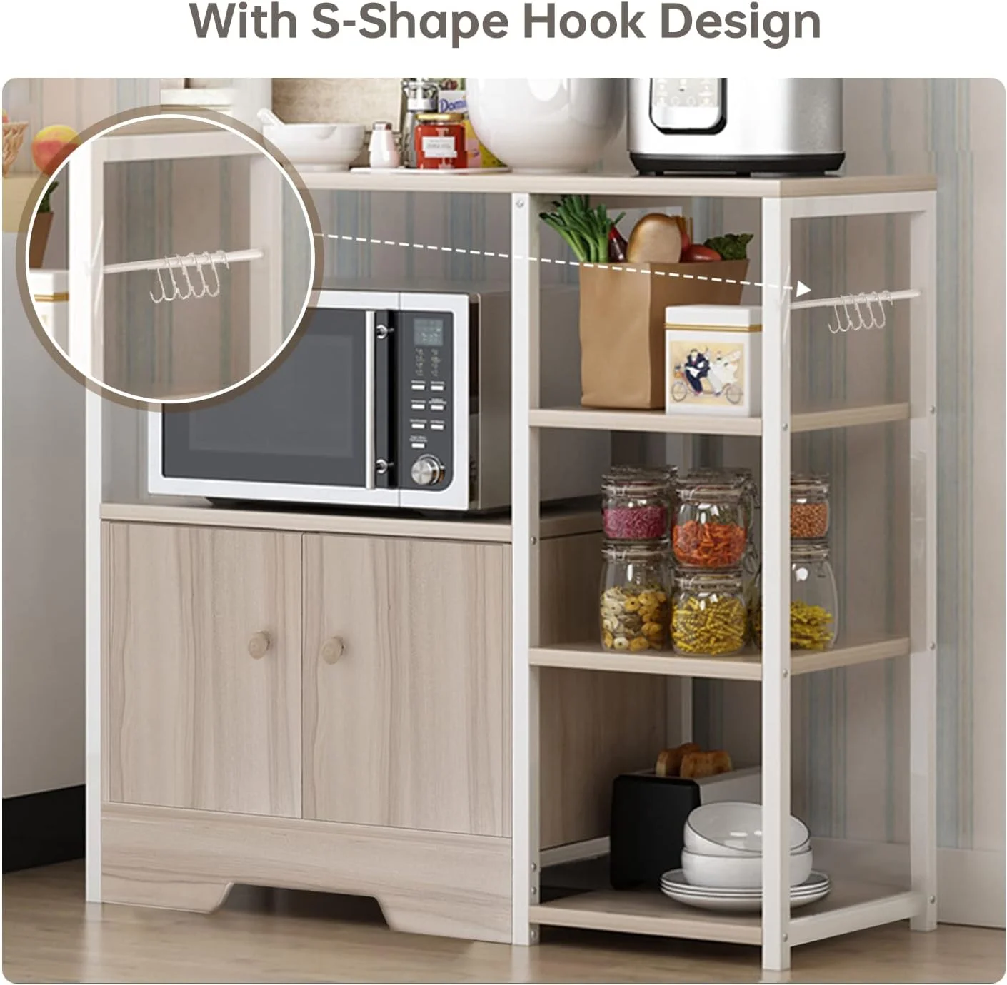 پایه مایکروویو Jantens JANTENS با کابینت ذخیره سازی و 5 قلاب، میز قهوه خوری، قفسه ذخیره سازی آشپزخانه، کابینت آشپزخانه 3 طبقه برای ادویه جات، قابلمه ها و ظروف غذاخوری (بژ)