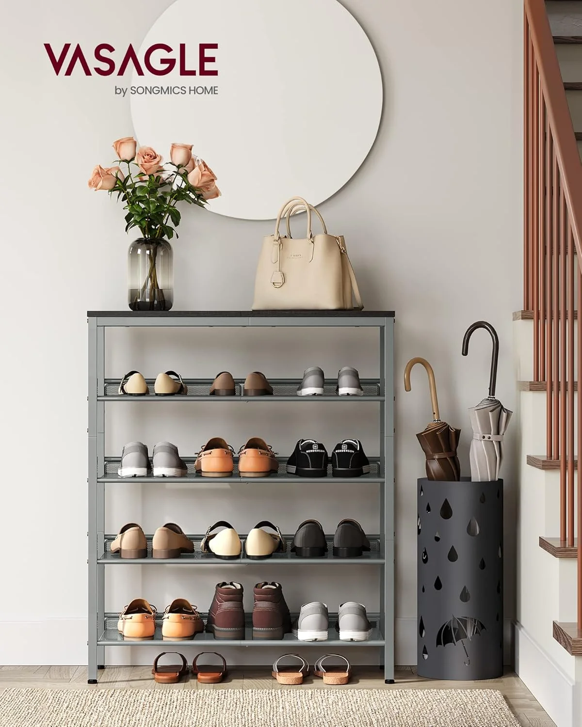 جاکفشی VASAGLE، سازمان دهنده جاکفشی 5 طبقه برای ورودی کمد با قفسه های ذخیره سازی و رویه جادار، ایستاده، فولادی، صنعتی، مشکی و نقره ای ULBS038E22 جاکفشی VASAGLE، سازمان دهنده جاکفشی 5 طبقه برای ورودی کمد با قفسه های ذخیره سازی و رویه جادار، ایستاده، فولادی، صنعتی، مشکی و نقره ای ULBS038E22