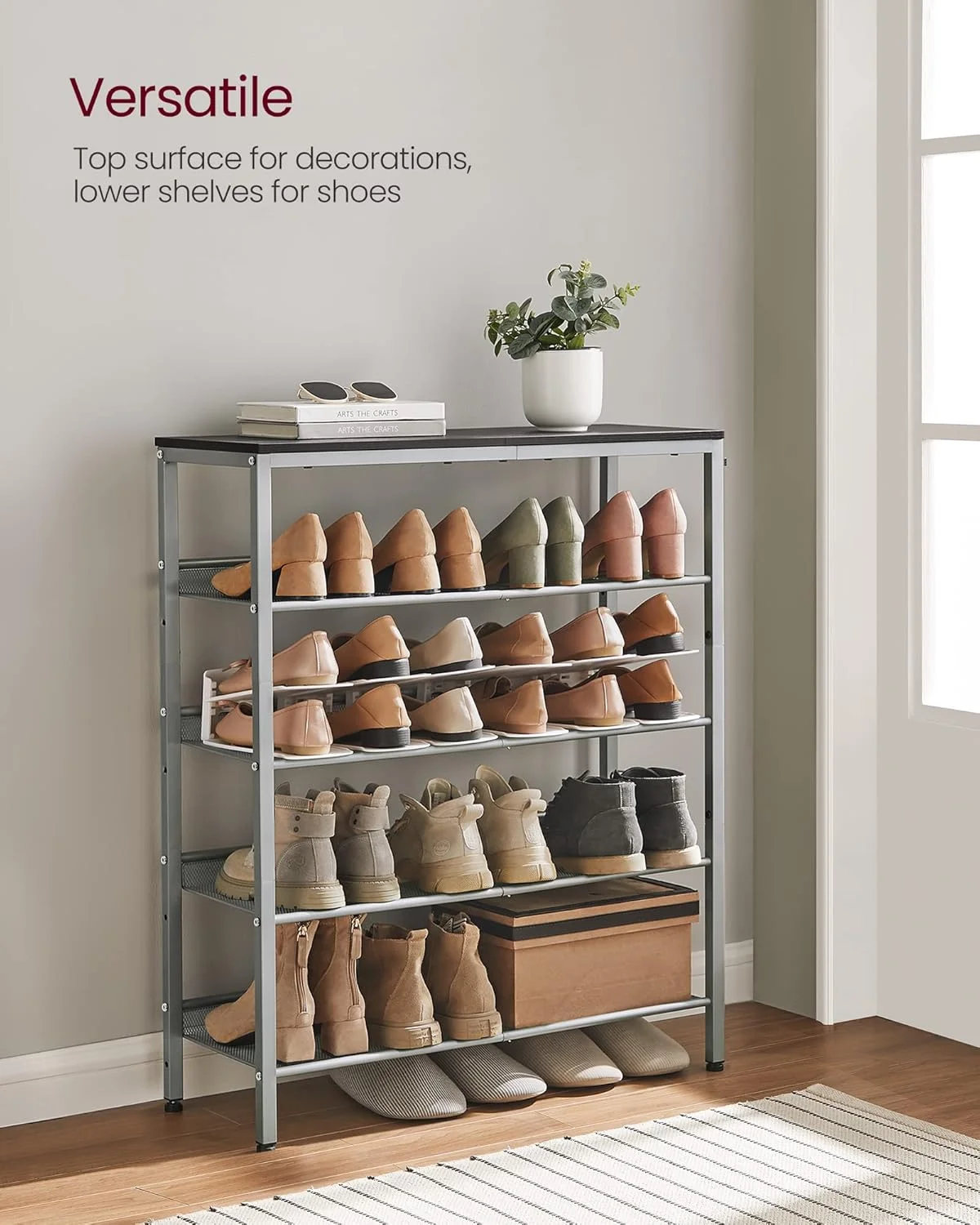 جاکفشی VASAGLE، سازمان دهنده جاکفشی 5 طبقه برای ورودی کمد با قفسه های ذخیره سازی و رویه جادار، ایستاده، فولادی، صنعتی، مشکی و نقره ای ULBS038E22 جاکفشی VASAGLE، سازمان دهنده جاکفشی 5 طبقه برای ورودی کمد با قفسه های ذخیره سازی و رویه جادار، ایستاده، فولادی، صنعتی، مشکی و نقره ای ULBS038E22