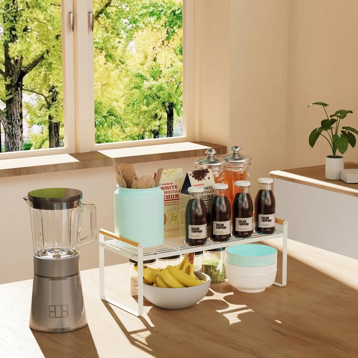 قفسه کابینت آشپزخانه Diylove، قفسه ادویه ایستاده کابینت، قفسه کابینت، سازمان دهنده پیشخوان قابل انباشت و مناسب برای خانه، انبار و نگهداری آشپزخانه (1 طبقه سفید)