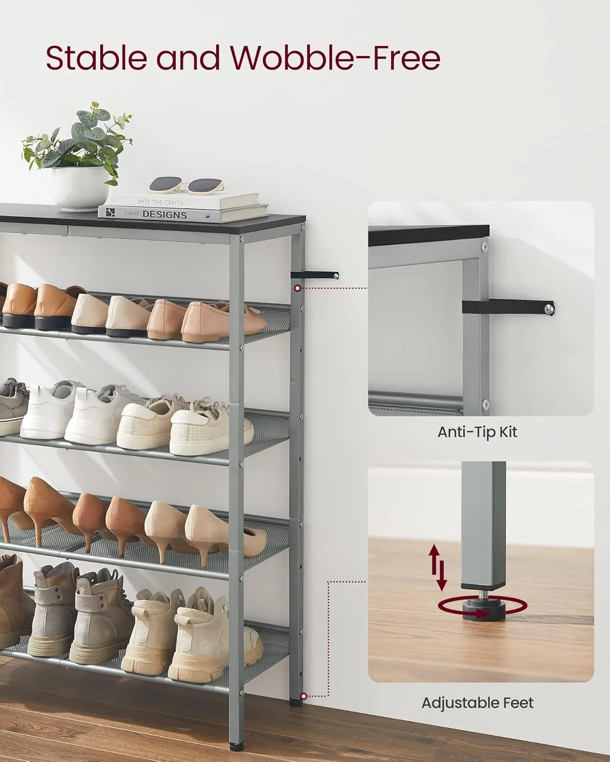 جاکفشی VASAGLE، سازمان دهنده جاکفشی 5 طبقه برای ورودی کمد با قفسه های ذخیره سازی و رویه جادار، ایستاده، فولادی، صنعتی، مشکی و نقره ای ULBS038E22 جاکفشی VASAGLE، سازمان دهنده جاکفشی 5 طبقه برای ورودی کمد با قفسه های ذخیره سازی و رویه جادار، ایستاده، فولادی، صنعتی، مشکی و نقره ای ULBS038E22