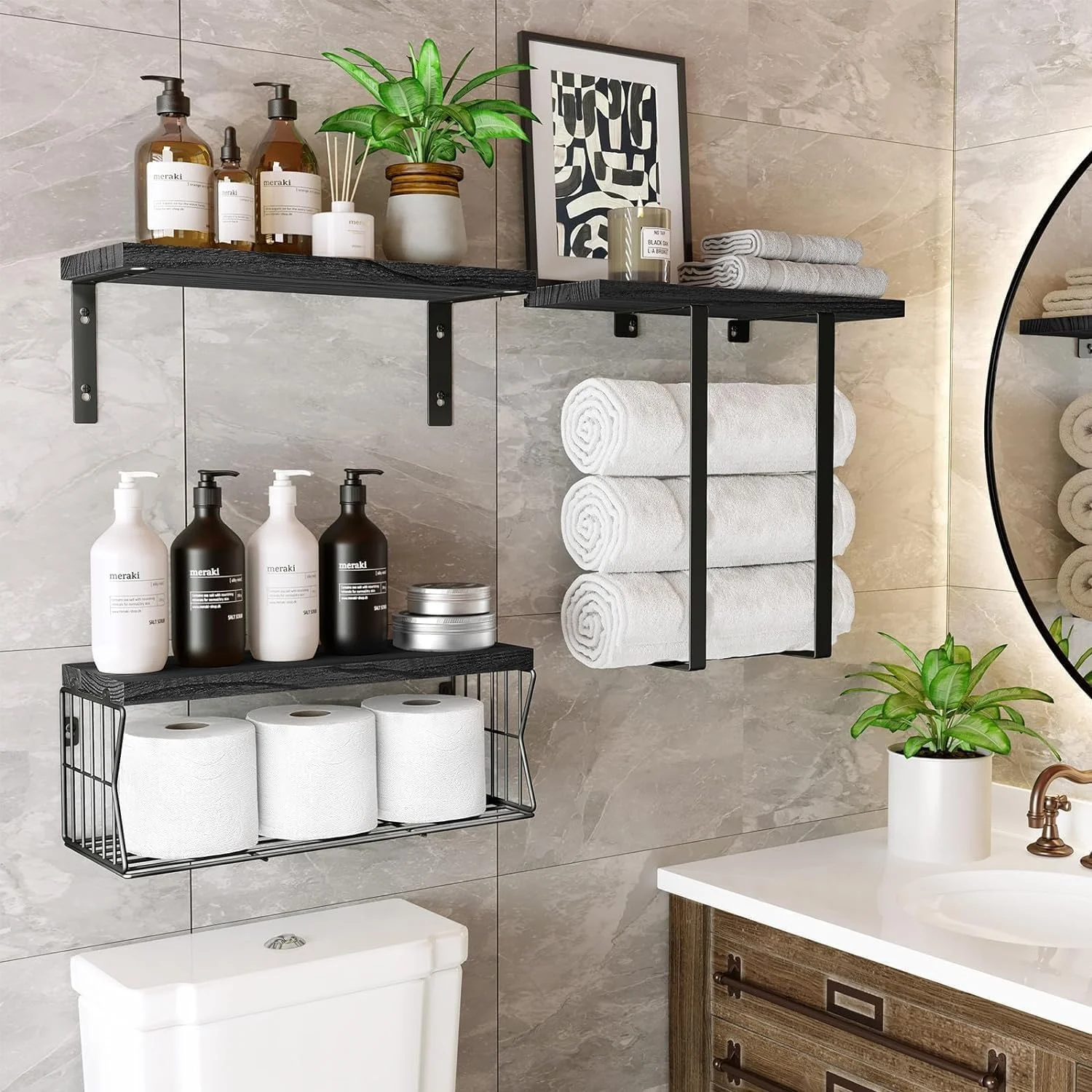 شلف دیواری شناور MostNow بالای توالت، شلف حمام با جا حوله ای و نگهدارنده کاغذ - شلف های چوبی روستیک برای دکور دیوار/حمام (مشکی) شلف دیواری شناور MostNow بالای توالت، شلف حمام با جا حوله ای و نگهدارنده کاغذ - شلف های چوبی روستیک برای دکور دیوار/حمام (مشکی)