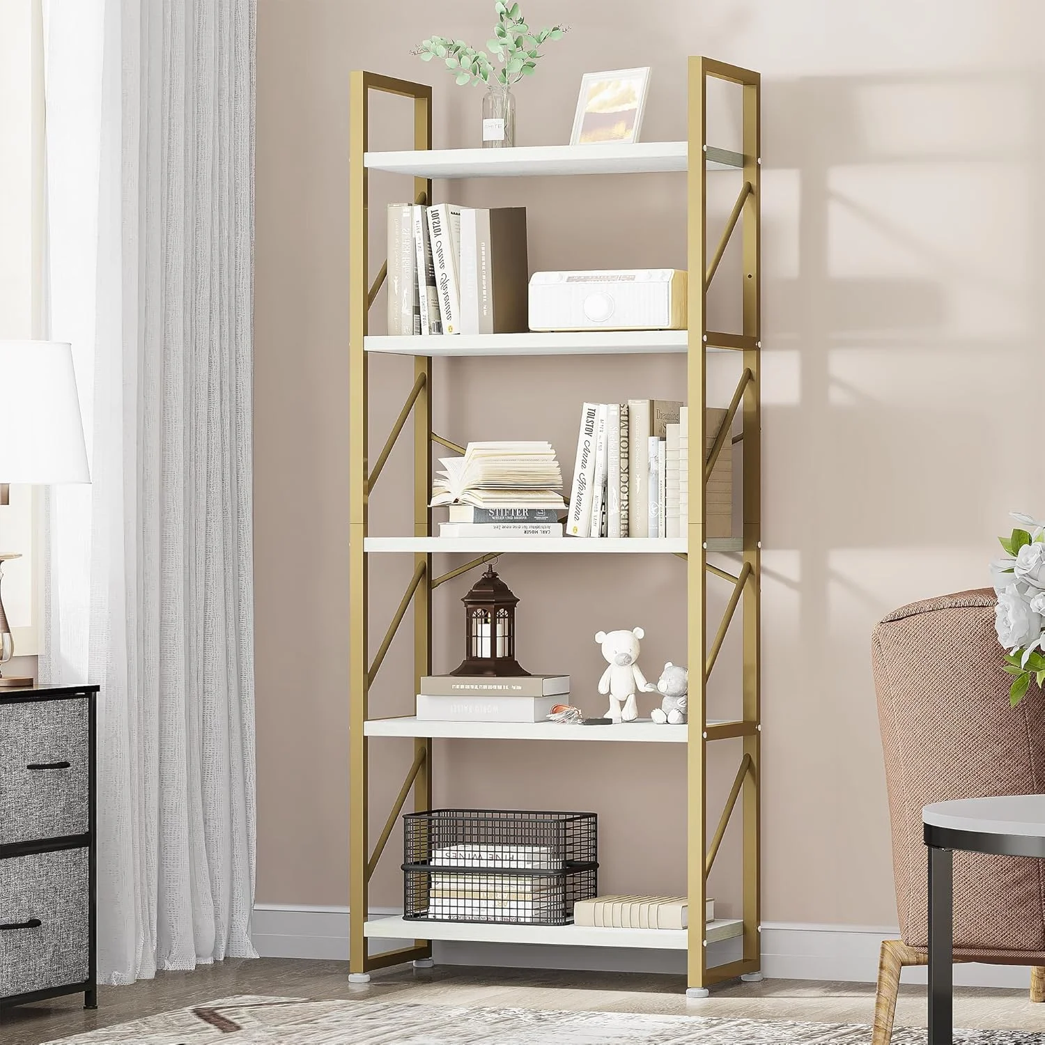 کتابخانه 5 طبقه YITAHOME، قفسه کتاب ایستاده، قفسه چوبی و قفسه کتاب فلزی، قفسه های ذخیره سازی نمایشگر برای اتاق نشیمن، دفتر کار خانگی - کتابخانه طلایی