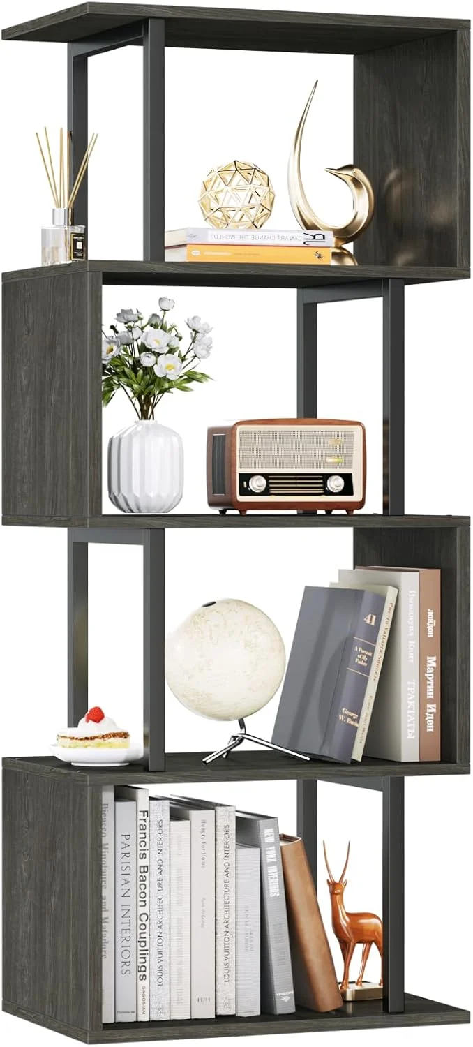 قفسه کتاب هندسی Furologee، کتابخانه 5 طبقه، قفسه نمایشگر صنعتی S شکل برای فضای کوچک، قفسه های ایستاده تزئینی فلزی و چوبی بلند برای اتاق خواب، اتاق نشیمن، دفتر کار، بلوط مشکی