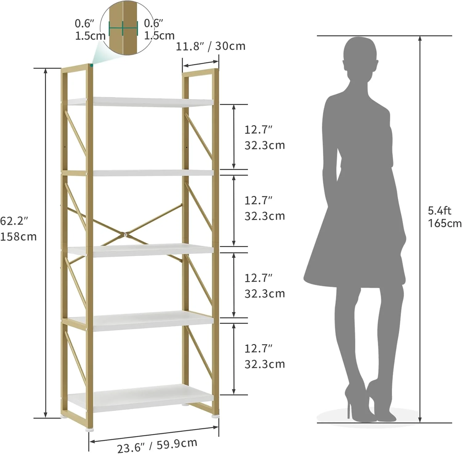 کتابخانه 5 طبقه YITAHOME، قفسه کتاب ایستاده، قفسه چوبی و قفسه کتاب فلزی، قفسه های ذخیره سازی نمایشگر برای اتاق نشیمن، دفتر کار خانگی - کتابخانه طلایی کتابخانه 5 طبقه YITAHOME، قفسه کتاب ایستاده، قفسه چوبی و قفسه کتاب فلزی، قفسه های ذخیره سازی نمایشگر برای اتاق نشیمن، دفتر کار خانگی - کتابخانه طلایی