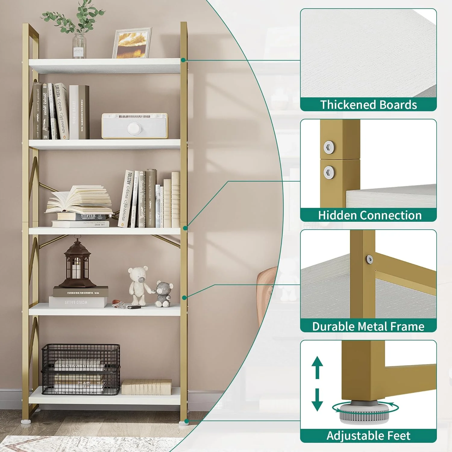 کتابخانه 5 طبقه YITAHOME، قفسه کتاب ایستاده، قفسه چوبی و قفسه کتاب فلزی، قفسه های ذخیره سازی نمایشگر برای اتاق نشیمن، دفتر کار خانگی - کتابخانه طلایی کتابخانه 5 طبقه YITAHOME، قفسه کتاب ایستاده، قفسه چوبی و قفسه کتاب فلزی، قفسه های ذخیره سازی نمایشگر برای اتاق نشیمن، دفتر کار خانگی - کتابخانه طلایی