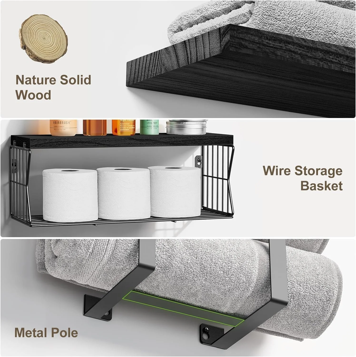 شلف دیواری شناور MostNow بالای توالت، شلف حمام با جا حوله ای و نگهدارنده کاغذ - شلف های چوبی روستیک برای دکور دیوار/حمام (مشکی) شلف دیواری شناور MostNow بالای توالت، شلف حمام با جا حوله ای و نگهدارنده کاغذ - شلف های چوبی روستیک برای دکور دیوار/حمام (مشکی)