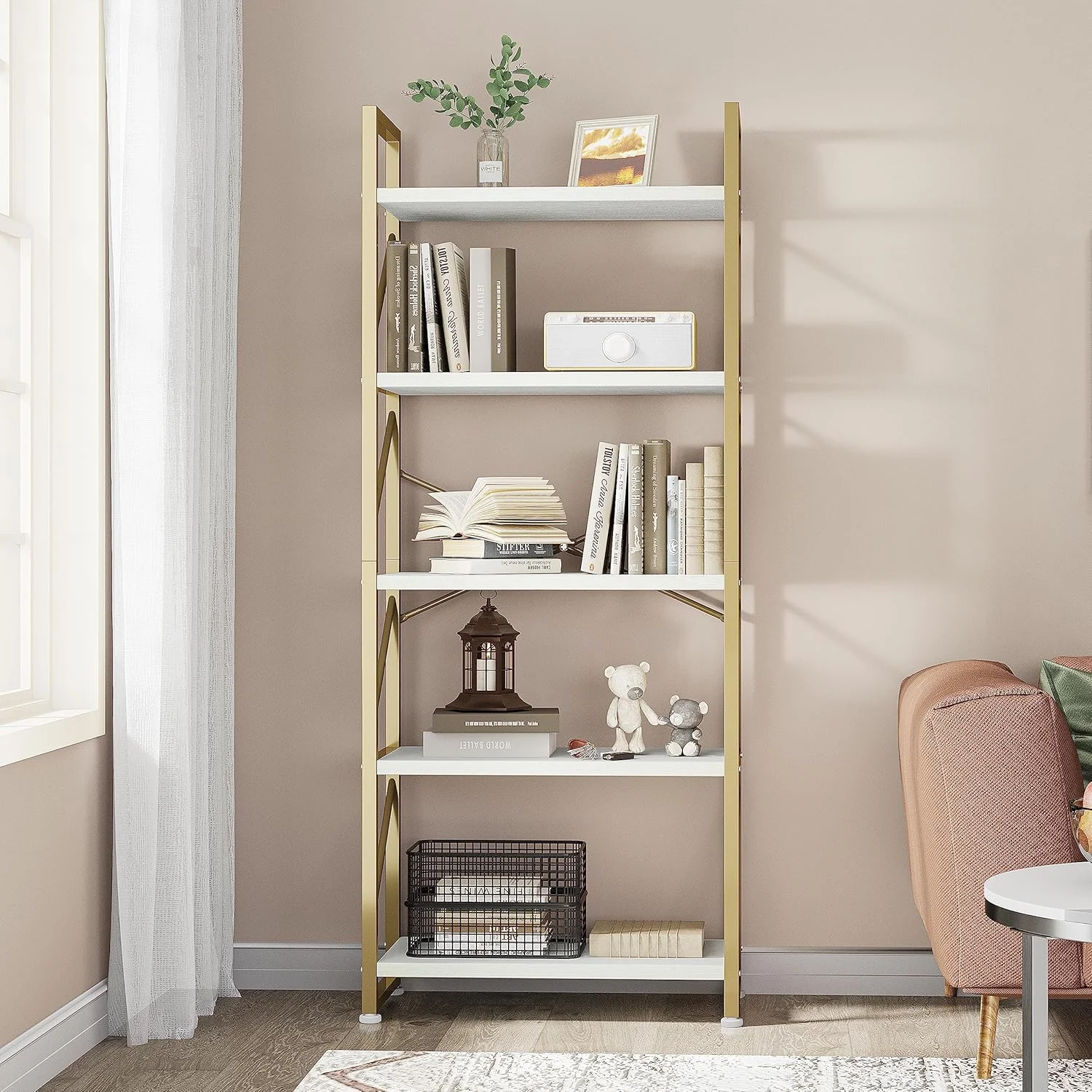 کتابخانه 5 طبقه YITAHOME، قفسه کتاب ایستاده، قفسه چوبی و قفسه کتاب فلزی، قفسه های ذخیره سازی نمایشگر برای اتاق نشیمن، دفتر کار خانگی - کتابخانه طلایی کتابخانه 5 طبقه YITAHOME، قفسه کتاب ایستاده، قفسه چوبی و قفسه کتاب فلزی، قفسه های ذخیره سازی نمایشگر برای اتاق نشیمن، دفتر کار خانگی - کتابخانه طلایی