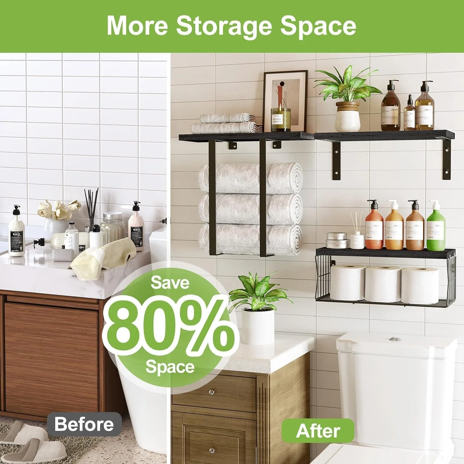 شلف دیواری شناور MostNow بالای توالت، شلف حمام با جا حوله ای و نگهدارنده کاغذ - شلف های چوبی روستیک برای دکور دیوار/حمام (مشکی) شلف دیواری شناور MostNow بالای توالت، شلف حمام با جا حوله ای و نگهدارنده کاغذ - شلف های چوبی روستیک برای دکور دیوار/حمام (مشکی)