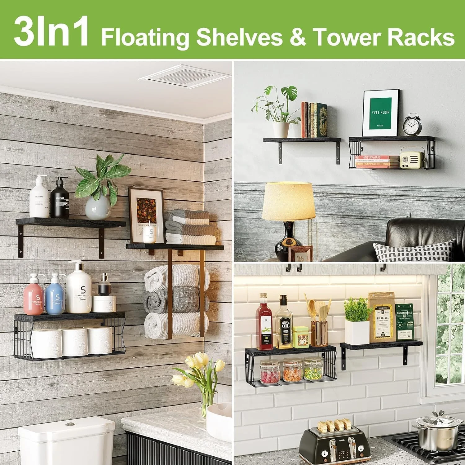 شلف دیواری شناور MostNow بالای توالت، شلف حمام با جا حوله ای و نگهدارنده کاغذ - شلف های چوبی روستیک برای دکور دیوار/حمام (مشکی) شلف دیواری شناور MostNow بالای توالت، شلف حمام با جا حوله ای و نگهدارنده کاغذ - شلف های چوبی روستیک برای دکور دیوار/حمام (مشکی)