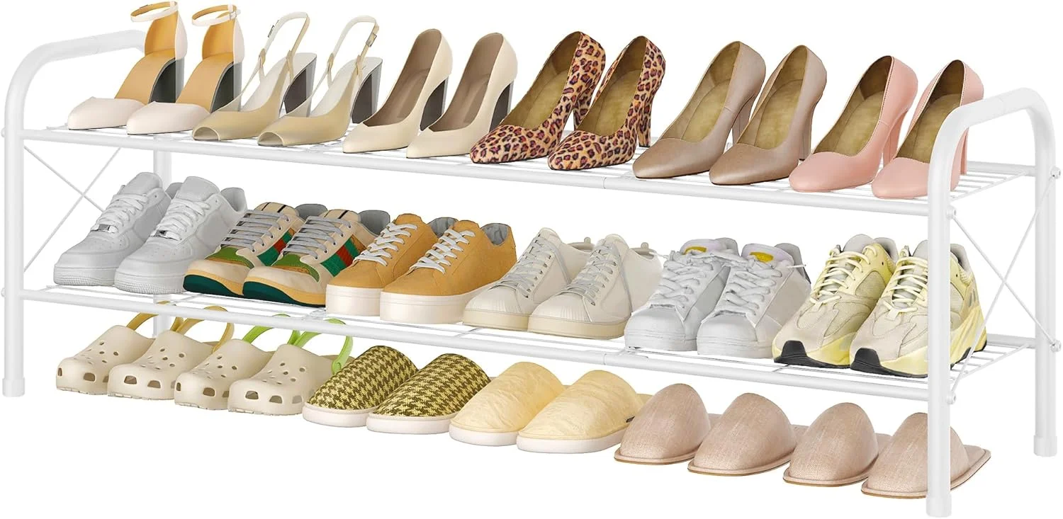جاکفشی دو طبقه Hoctieon برای کمد، جاکفشی ایستاده، قفسه کفش ورودی، سازمان دهنده نگهداری کفش، قفسه های کفش بادوام به سبک مشبک، سفید