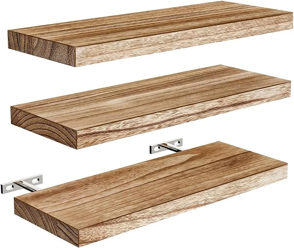 ست 3 تایی شلف دیواری شناور، شلف دیواری چوبی طبیعی روستایی برای دکوراسیون منزل، شلف شناور دیواری برای نمایش قاب عکس، مناسب اتاق نشیمن، اتاق خواب، حمام، آشپزخانه، قفسه کتاب برای دکوراسیون منزل