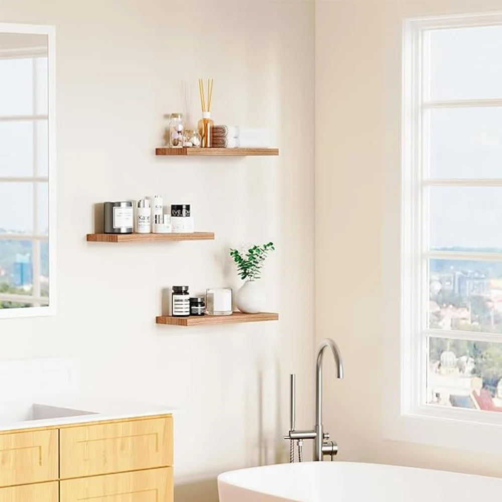 ست 3 تایی شلف دیواری شناور، شلف دیواری چوبی طبیعی روستایی برای دکوراسیون منزل، شلف شناور دیواری برای نمایش قاب عکس، مناسب اتاق نشیمن، اتاق خواب، حمام، آشپزخانه، قفسه کتاب برای دکوراسیون منزل