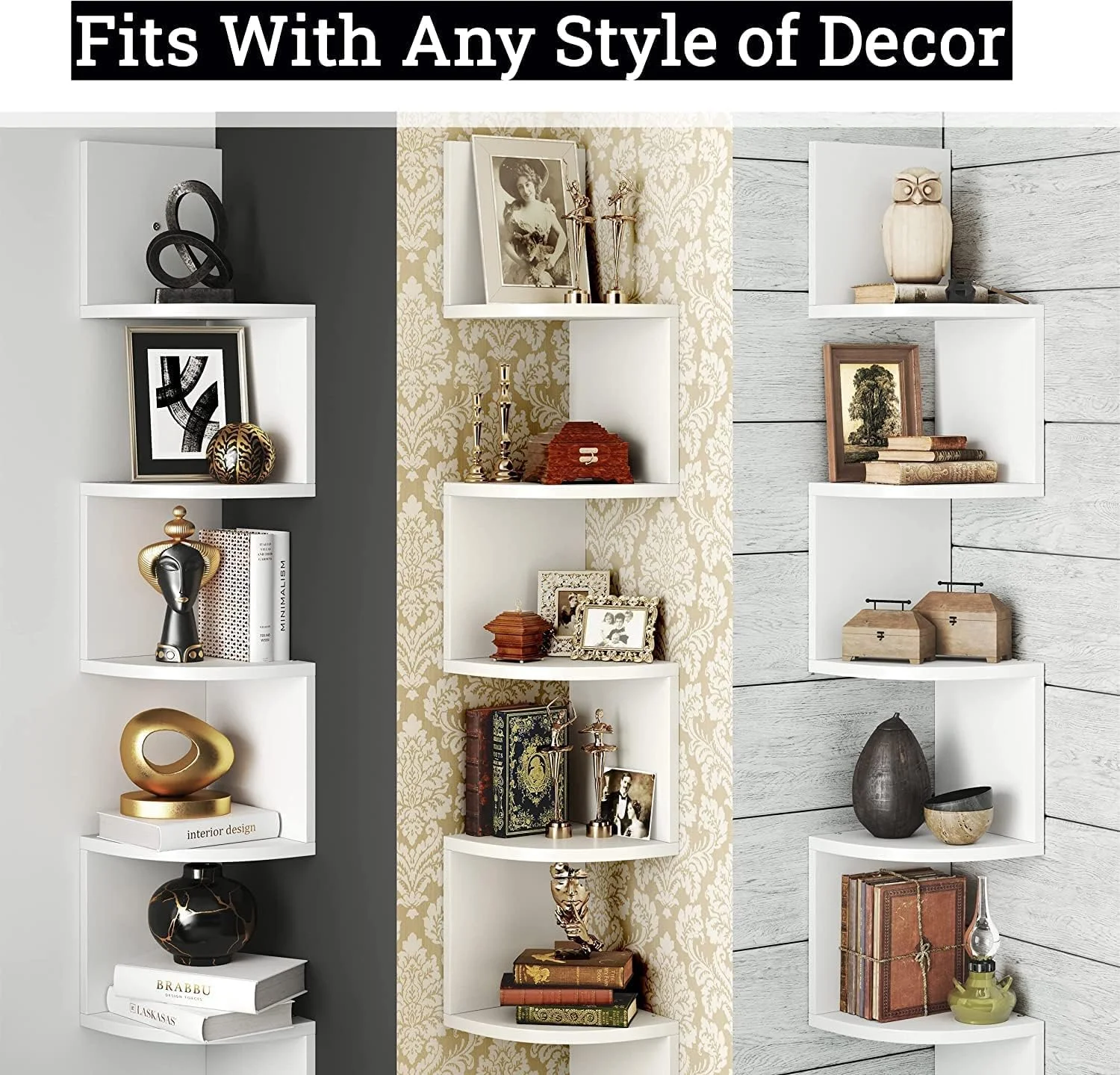 قفسه گوشه ای MIXDE 5 طبقه برای نگهداری دیواری، قفسه های شناور دیواری با نصب آسان برای اتاق خواب و نشیمن، روکش اسپرسو (سفید)