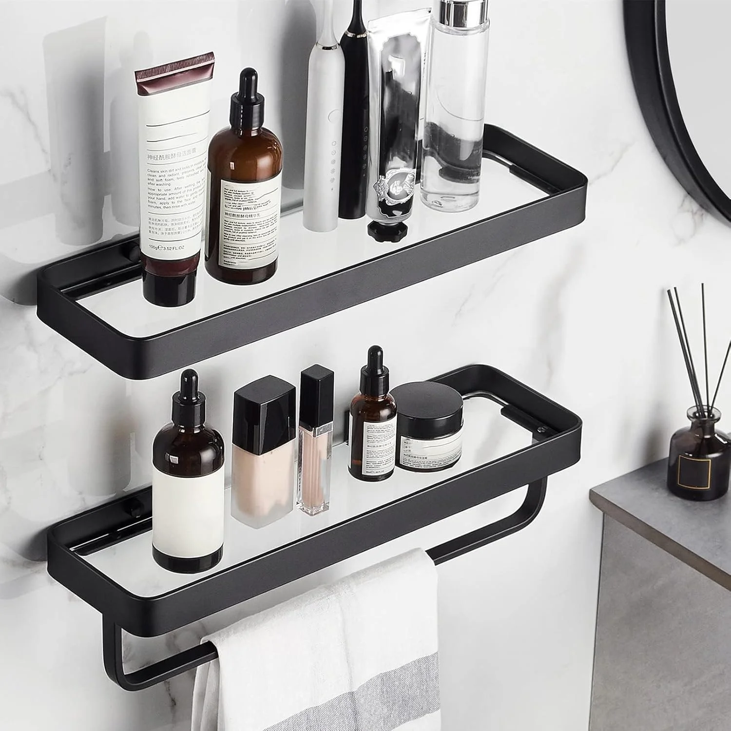 قفسه دوش دیواری TERRIFI با طول 40 سانتی متر، قفسه حمام 2 طبقه با میله حوله، قفسه شناور شیشه ای سکوریت، سازمان دهنده دیواری حمام مشکی