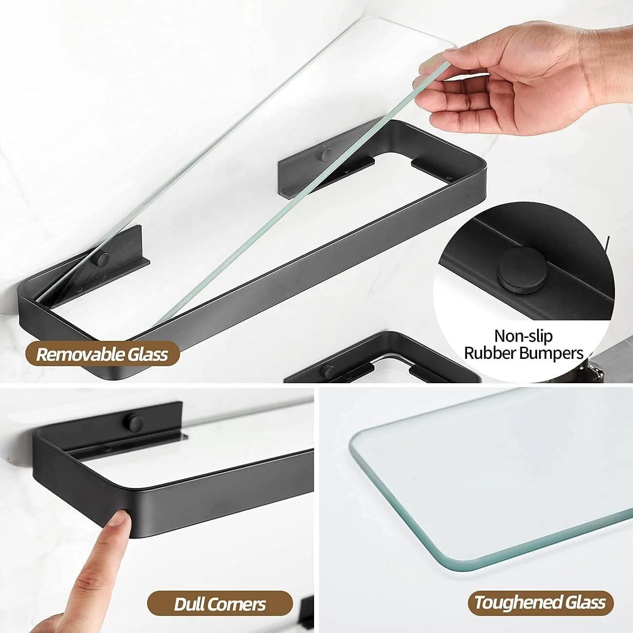 قفسه دوش دیواری TERRIFI با طول 40 سانتی متر، قفسه حمام 2 طبقه با میله حوله، قفسه شناور شیشه ای سکوریت، سازمان دهنده دیواری حمام مشکی