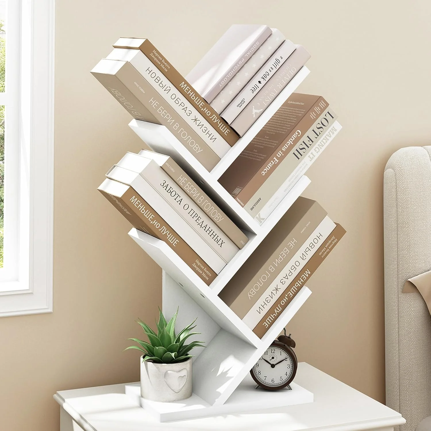 کتابخانه درختی 4 طبقه Hoctieon، قفسه کتاب 4 طبقه، کتابخانه مدرن، کتابخانه درختی ایستاده، قفسه های سازمان دهنده کاربردی برای دفتر خانه، اتاق نشیمن، اتاق خواب، سفید