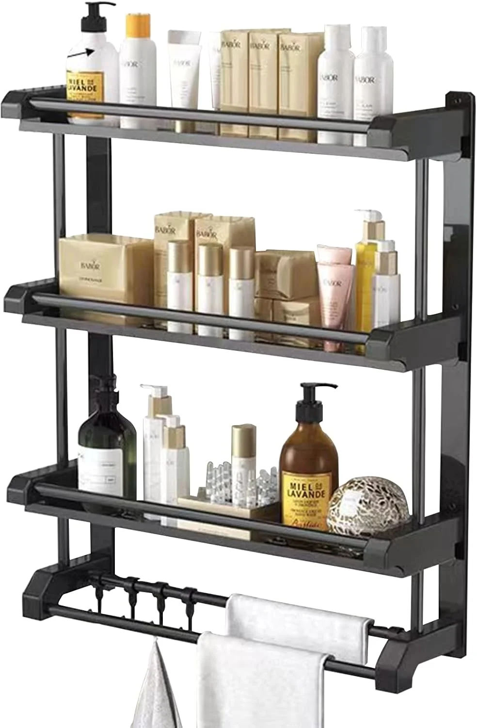 قفسه دیواری نظم دهنده لوازم حمام ANTOLE، قفسه حوله 3 طبقه با کشو، میله های دوبل حوله و قلاب، قفسه های صنعتی حمام بالای توالت، مشکی و قهوه ای روستیک