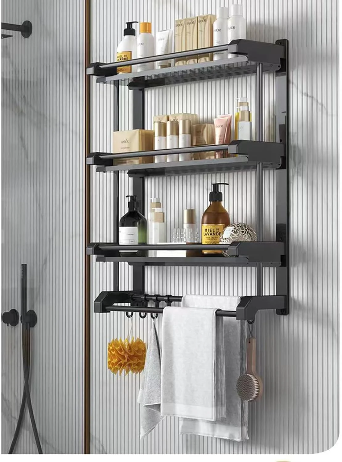 قفسه دیواری نظم دهنده لوازم حمام ANTOLE، قفسه حوله 3 طبقه با کشو، میله های دوبل حوله و قلاب، قفسه های صنعتی حمام بالای توالت، مشکی و قهوه ای روستیک