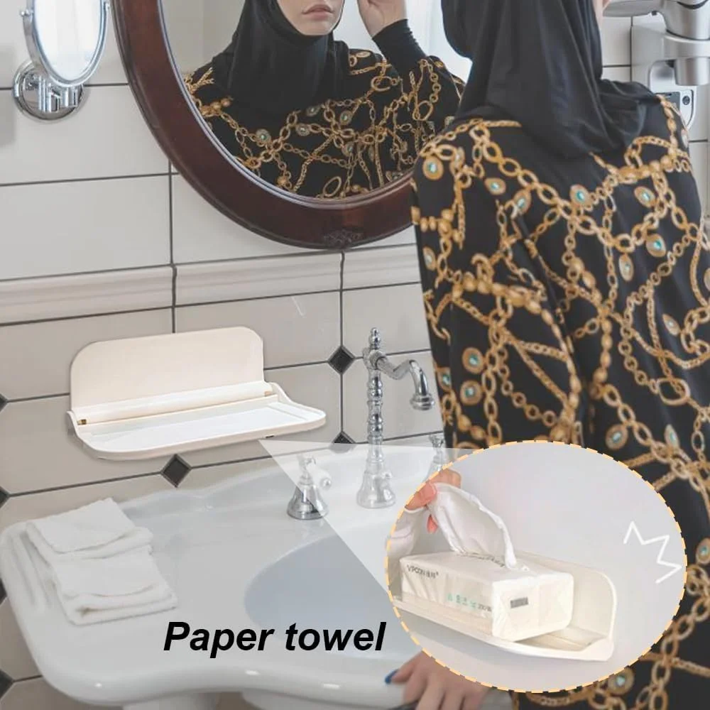 2 عدد شلف دیواری شناور خود چسب، قفسه تاشو حمام، قفسه دیواری توالت برای نگهداری حوله، قفسه کنار تخت خواب بدون سوراخ، براکت آویز تاشو سازمان دهنده چسبی