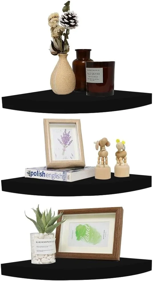 شلف کنج 3 طبقه مارگون، قفسه دیواری شناور، قفسه گوشه ای گرد برای حمام، آشپزخانه، اتاق خواب، اتاق نشیمن (25 سانتی متر، مشکی)