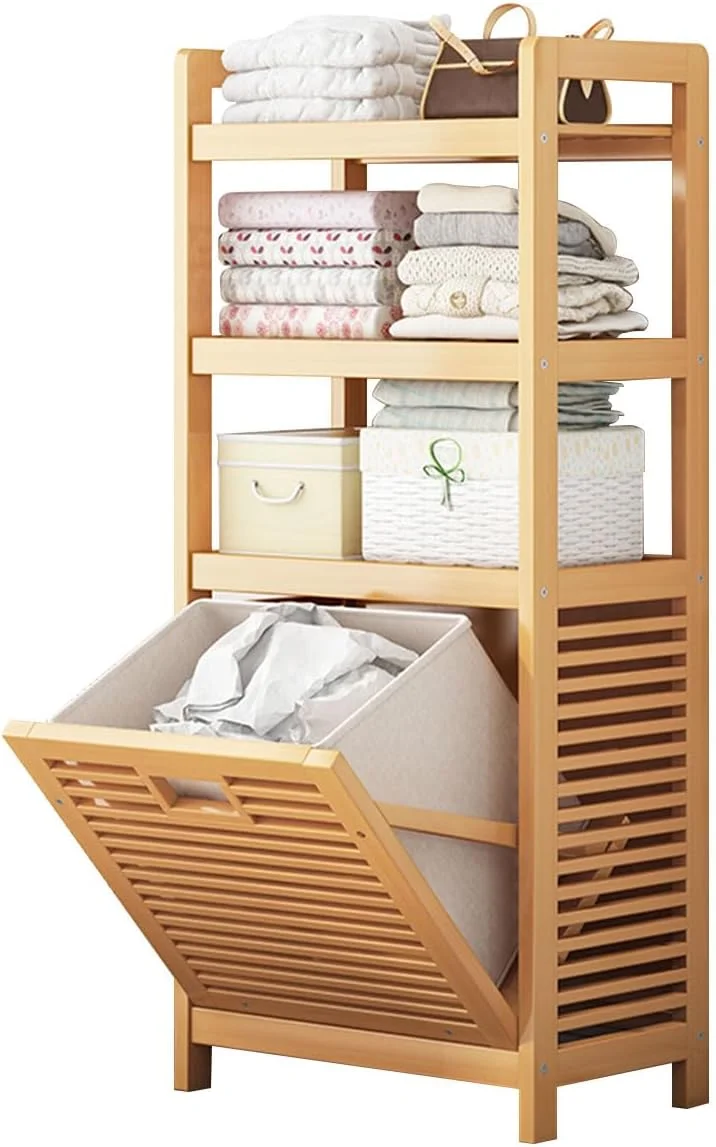 سبد لباس بامبو Forthcan با قابلیت کج شدن، سبد لباس سازمان دهنده با 3 طبقه و سبد جداشدنی، قفسه ایستاده برای حمام، اتاق لباسشویی، اتاق خواب (4 طبقه 40)