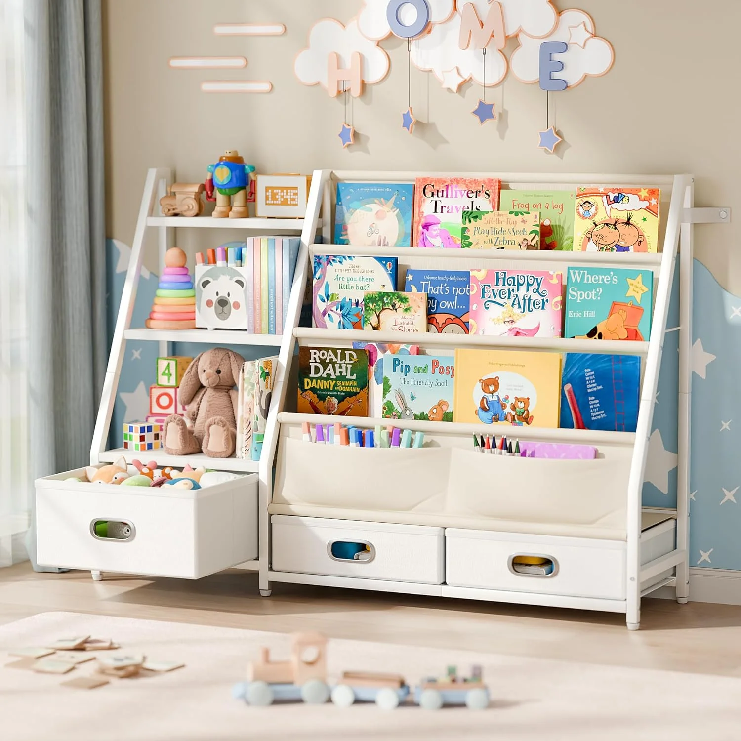 قفسه کتاب و محل نگهداری اسباب بازی کودک POZILAN - قفسه کتاب 3 طبقه کودک نوپا برای اتاق کودک، قفسه کتاب کودک با 3 کشو، سازمان دهنده اسباب بازی قفسه کتاب کودک برای اتاق بازی اتاق خواب