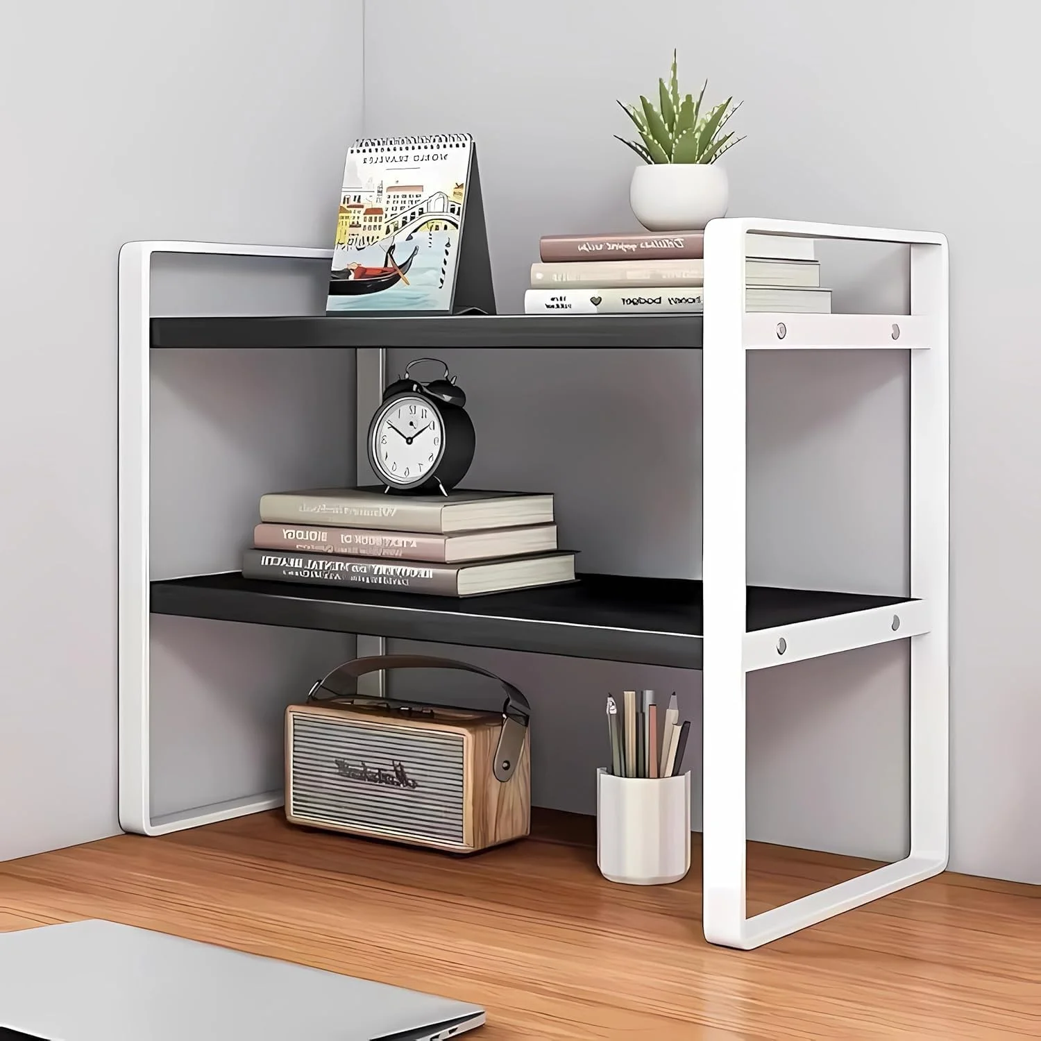 قفسه رومیزی چوبی Lomeshow، قفسه ذخیره سازی رومیزی چند منظوره 2 طبقه، قفسه کتاب کوچک میز کامپیوتر، قفسه کتاب دکوری زیبا برای خوابگاه منزل و دفتر کار (سیاه + سفید)