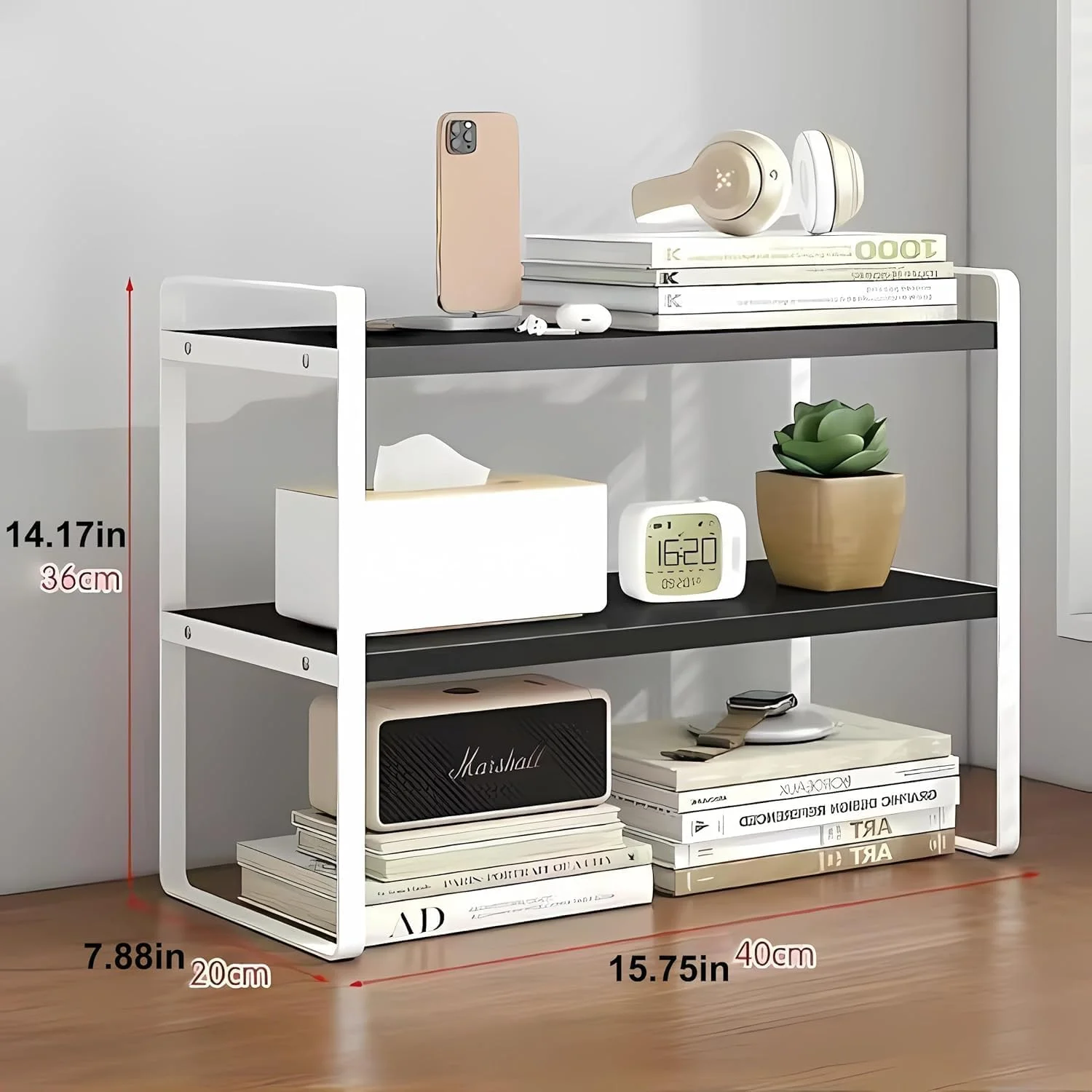 قفسه رومیزی چوبی Lomeshow، قفسه ذخیره سازی رومیزی چند منظوره 2 طبقه، قفسه کتاب کوچک میز کامپیوتر، قفسه کتاب دکوری زیبا برای خوابگاه منزل و دفتر کار (سیاه + سفید)
