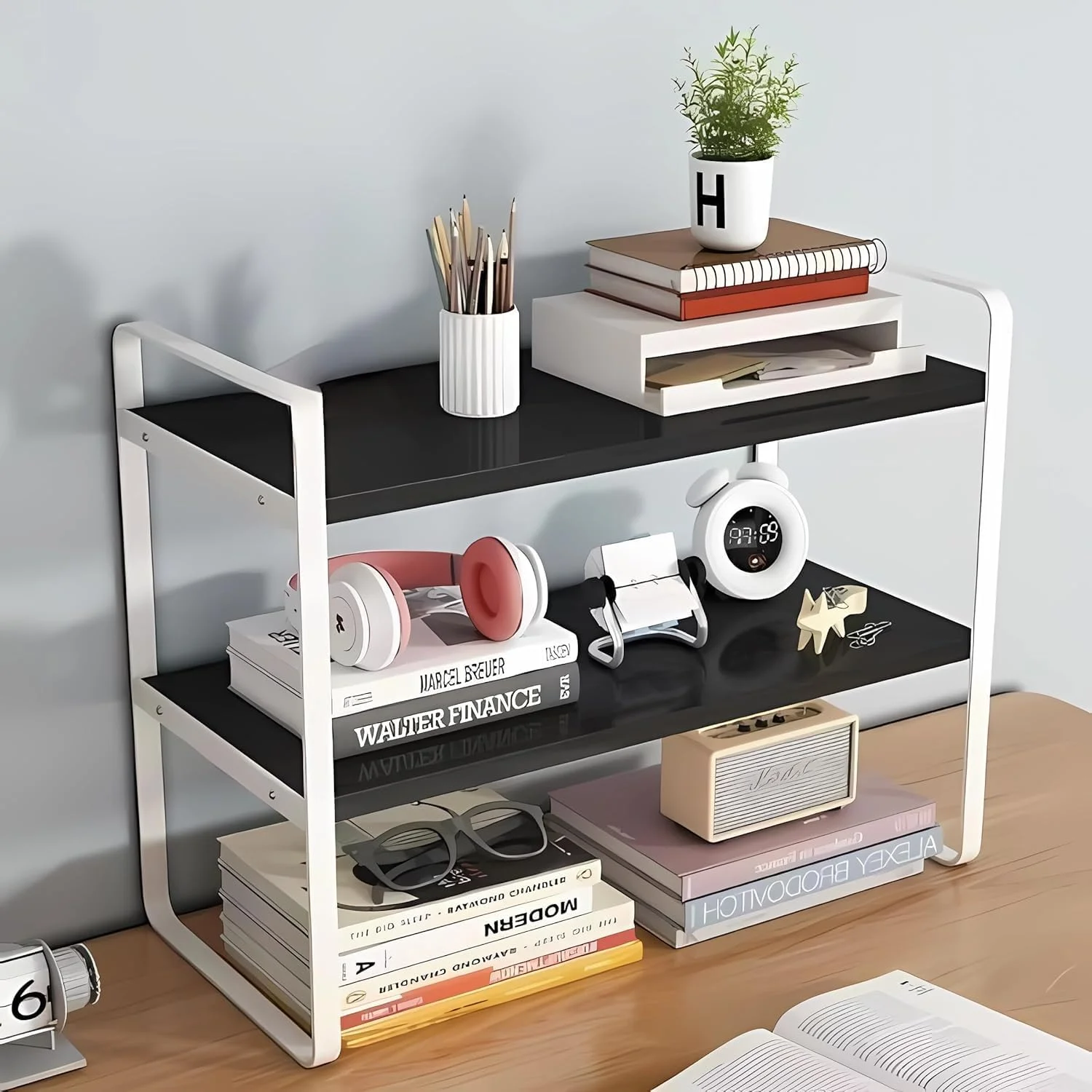 قفسه رومیزی چوبی Lomeshow، قفسه ذخیره سازی رومیزی چند منظوره 2 طبقه، قفسه کتاب کوچک میز کامپیوتر، قفسه کتاب دکوری زیبا برای خوابگاه منزل و دفتر کار (سیاه + سفید)