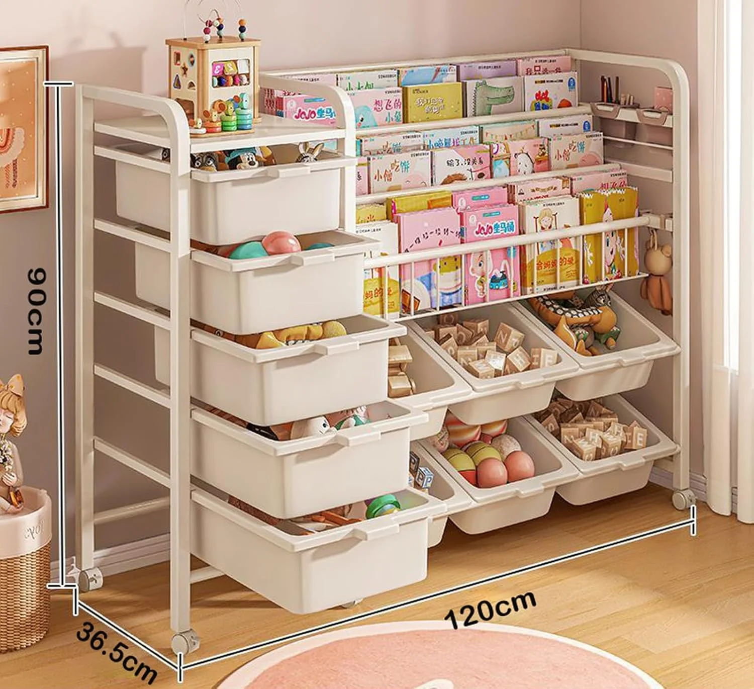 قفسه کتاب بزرگ کودک U-HOOME با سطل های ذخیره سازی اسباب بازی، قفسه کتاب فلزی 5 طبقه کودک چرخ دار، قفسه ذخیره سازی کتاب کودک با جعبه های سازمان دهنده ذخیره سازی اسباب بازی در اتاق مطالعه، اتاق بازی، اتاق خواب