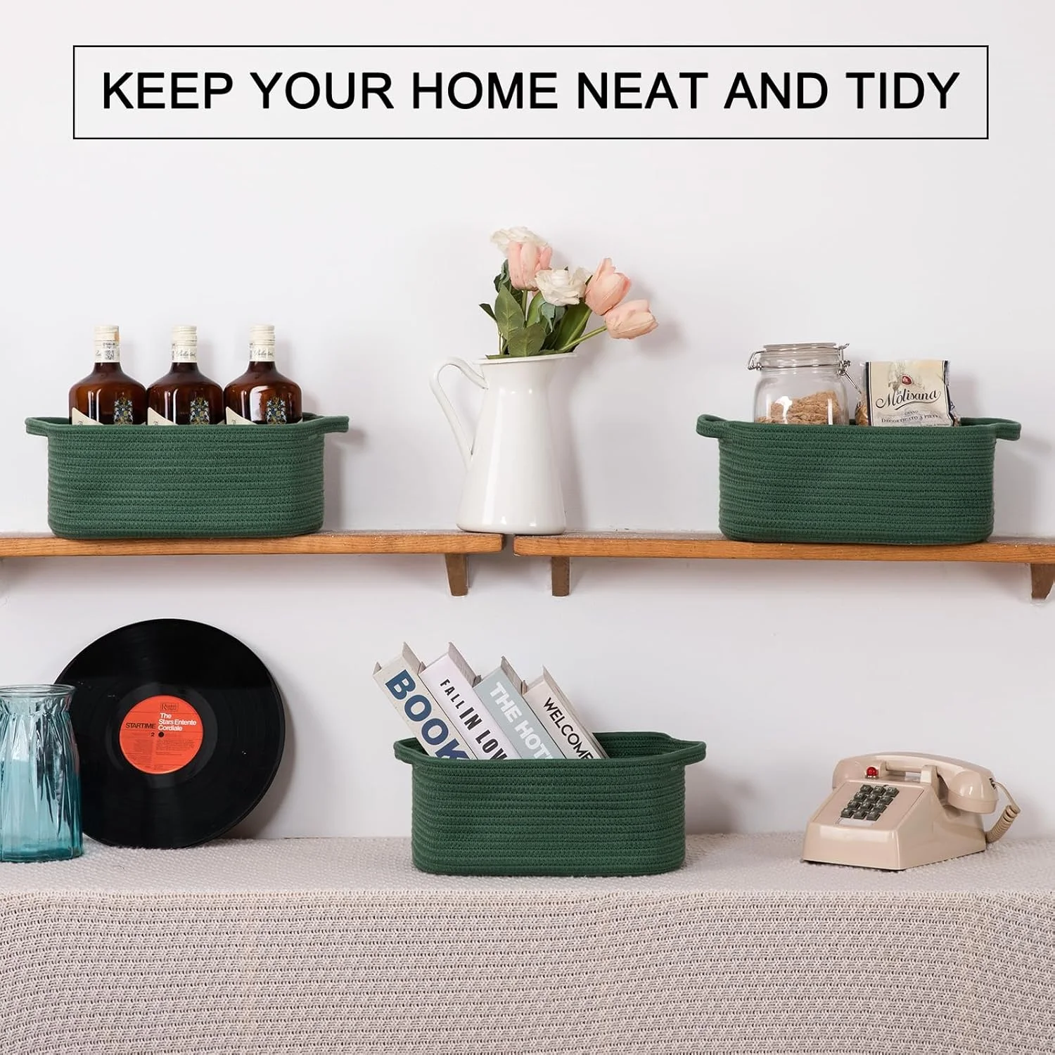 سبدهای بافته شده طنابی پنبه ای OIAHOMY برای نگهداری، سبد مستطیلی شکل برای نگهداری وسایل کودک با دسته، بسته 3 عددی، سبز سبدهای بافته شده طنابی پنبه ای OIAHOMY برای نگهداری، سبد مستطیلی شکل برای نگهداری وسایل کودک با دسته، بسته 3 عددی، سبز