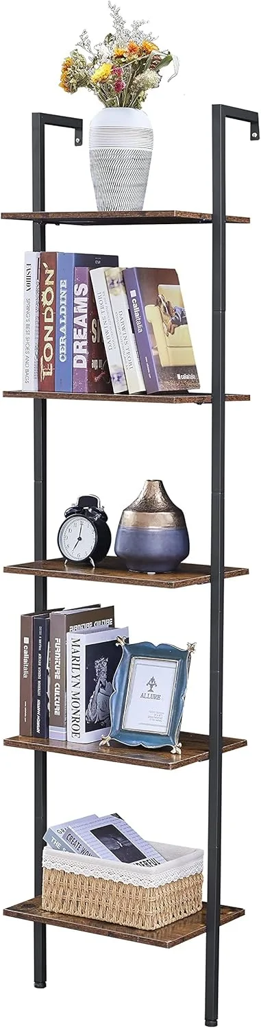 قفسه نردبانی تاج سون، قفسه کتاب دیواری چوبی 5 طبقه با قاب فلزی، قفسه های ذخیره سازی صنعتی باز برای اتاق نشیمن، اتاق خواب، دفتر کار خانگی، قهوه ای روستایی