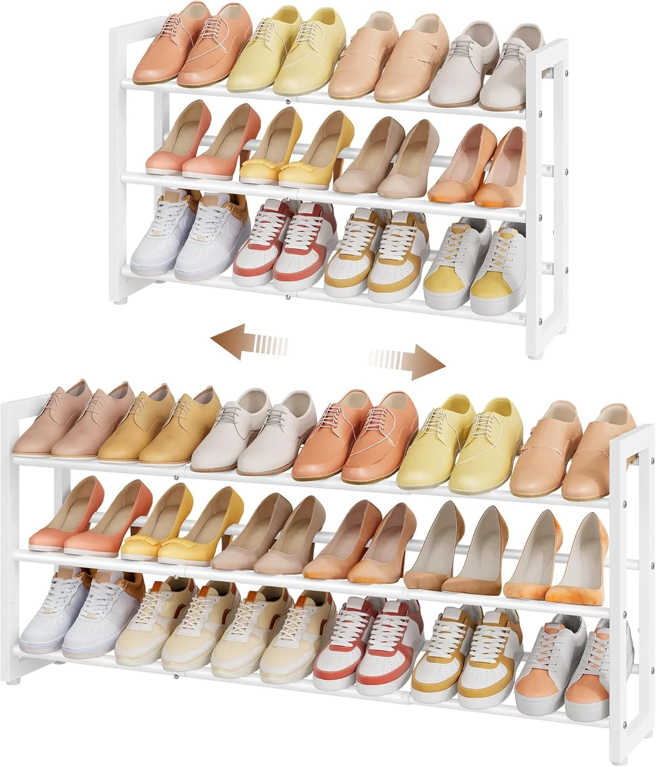جاکفشی 3 طبقه قابل گسترش Hoctieon، سازمان دهنده قفسه کفش قابل تنظیم صرفه جویی در فضا فلزی ایستاده برای ورودی کمد راهرو، سفید