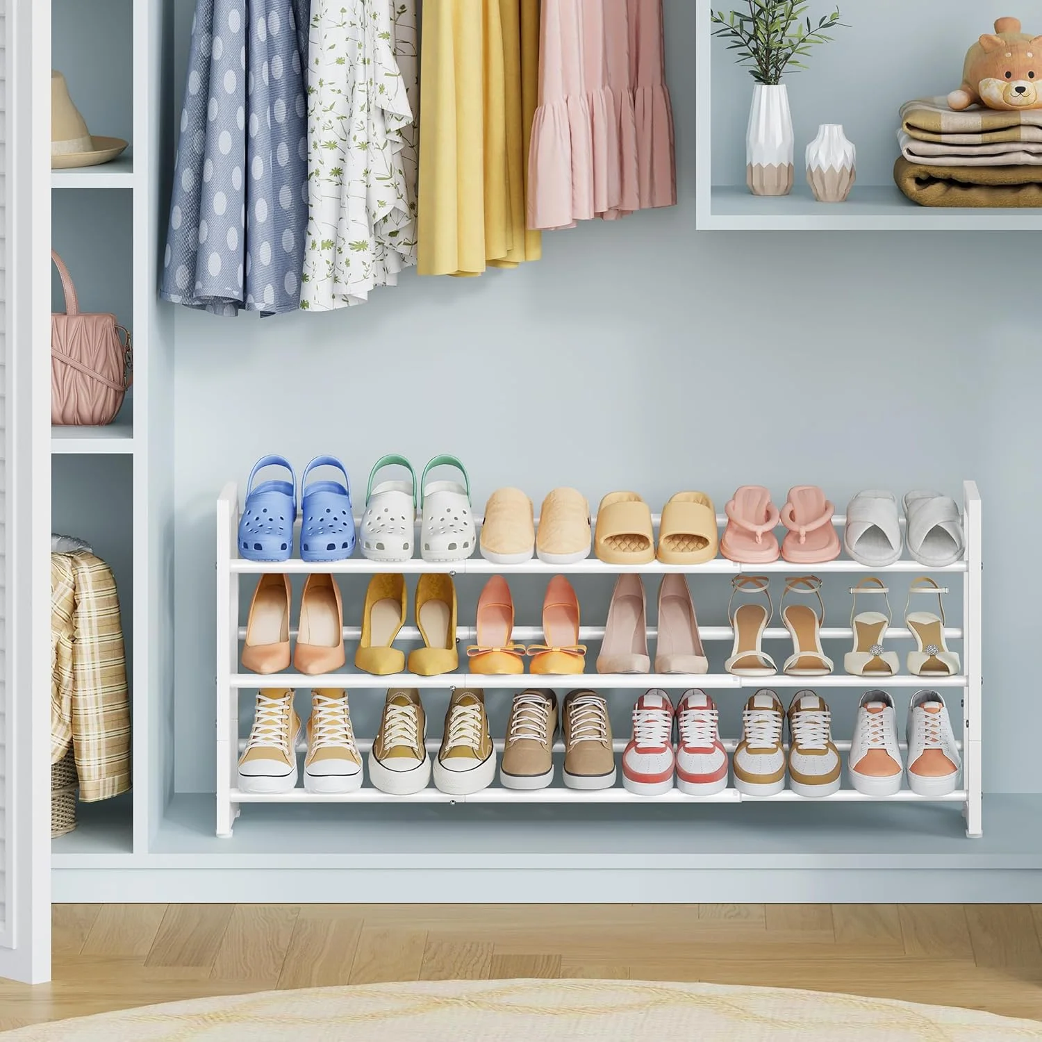 جاکفشی 3 طبقه قابل گسترش Hoctieon، سازمان دهنده قفسه کفش قابل تنظیم صرفه جویی در فضا فلزی ایستاده برای ورودی کمد راهرو، سفید