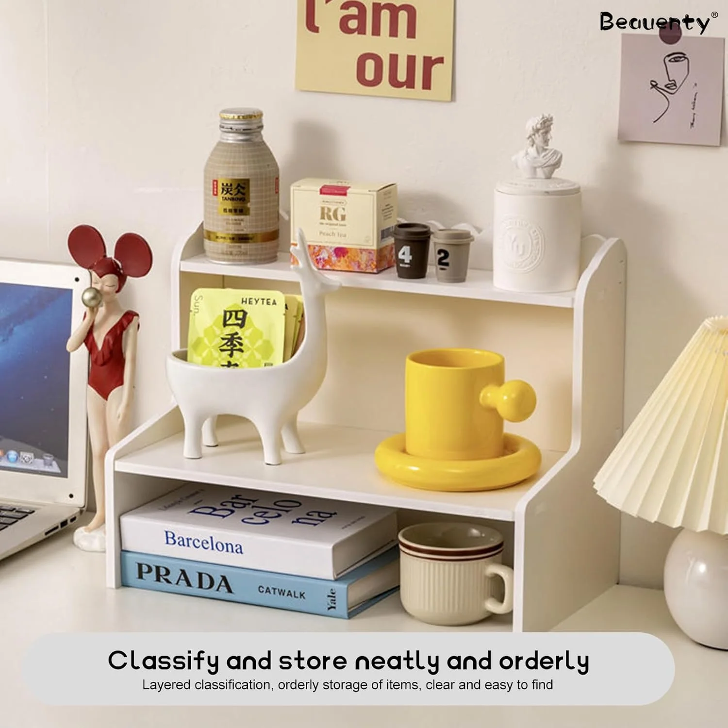 ارگانایزر رومیزی چوبی Beauenty، قفسه ذخیره سازی رومیزی 2 طبقه، قفسه کتاب قفسه ذخیره سازی رومیزی اداری، قفسه ارگانایزر لوازم جانبی رومیزی برای دفتر کار خانگی (متوسط)