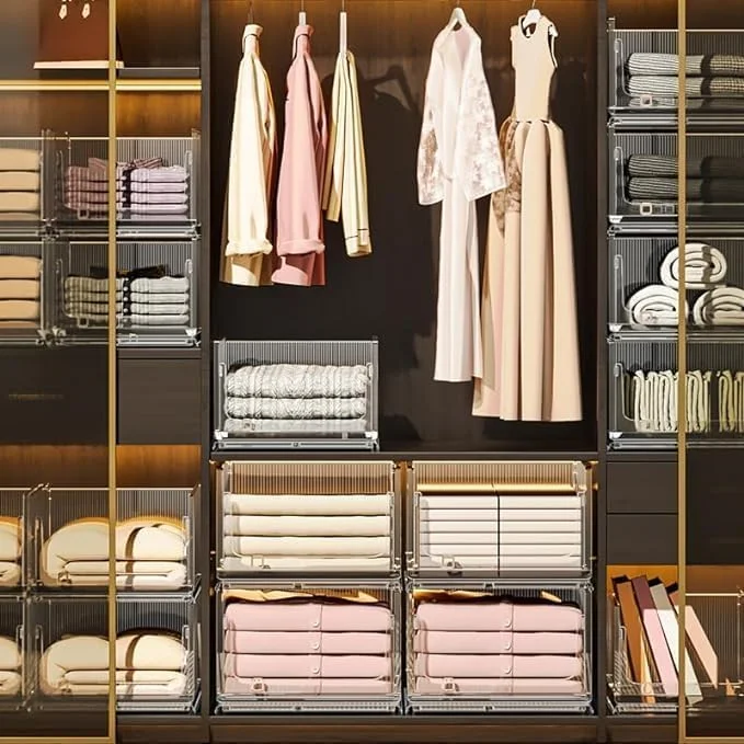 سبد ذخیره سازی پلاستیکی قابل انباشت TAPIT برای سازماندهی کمد و سطل - محفظه قفسه کشو ژاکت برای کابینت، آشپزخانه، حمام، دفتر، اتاق خواب (Z04-کوچک 3 عددی)