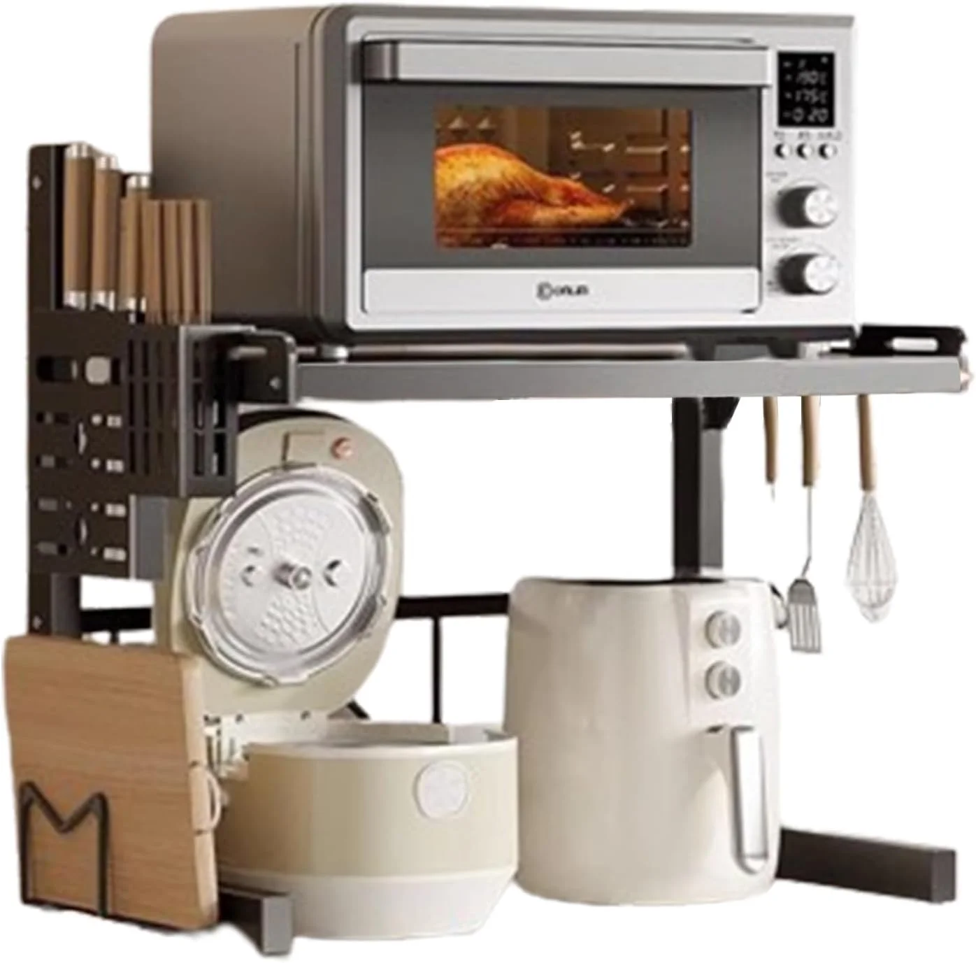 پایه مایکروویو قابل گسترش VUCATIN، قفسه مایکروویو قابل تنظیم 2 طبقه از جنس فولاد کربنی، سازمان دهنده رومیزی آشپزخانه، قفسه های مایکروویو، تحمل بار 55 پوند با 6 قلاب (ارتقا یافته/2 طبقه مشکی)