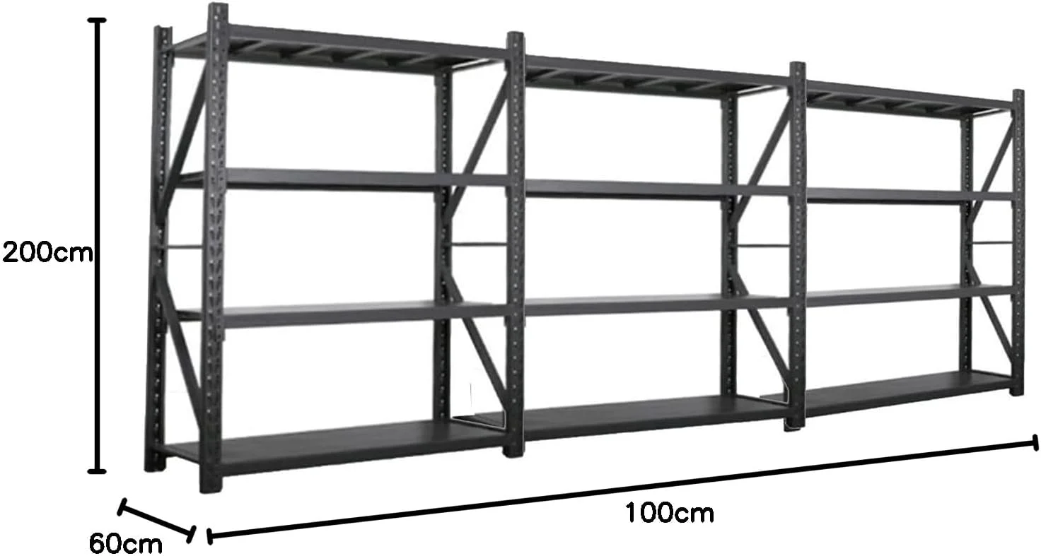 قفسه انبار فلزی سنگین 4 طبقه، قفسه بندی پالت، سازمان دهنده گاراژ تجاری، قفسه های زاویه دار پیچ و مهره ای، واحد قفسه با ظرفیت 300 کیلوگرم (100 طول X 200 ارتفاع X 60 عمق سانتی متر، مشکی)