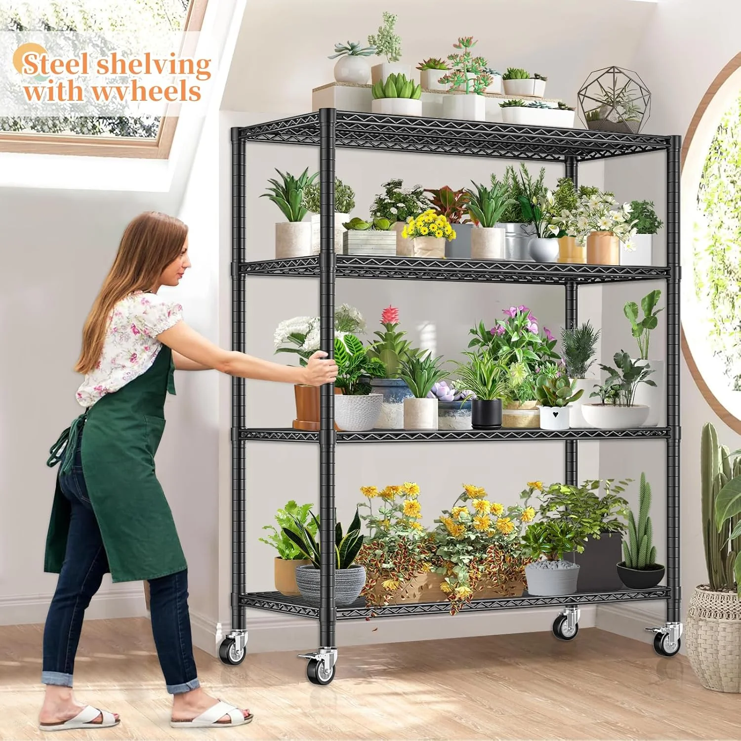 یونیت قفسه بندی فلزی سنگین 4 طبقه Solerconm با چرخ، قفسه های ذخیره سازی سیمی با قابلیت تنظیم ارتفاع، یونیت قفسه بندی صنعتی فلزی برای آشپزخانه، انبار، انبار، زیرزمین، 140.5*60.9*192 سانتی متر