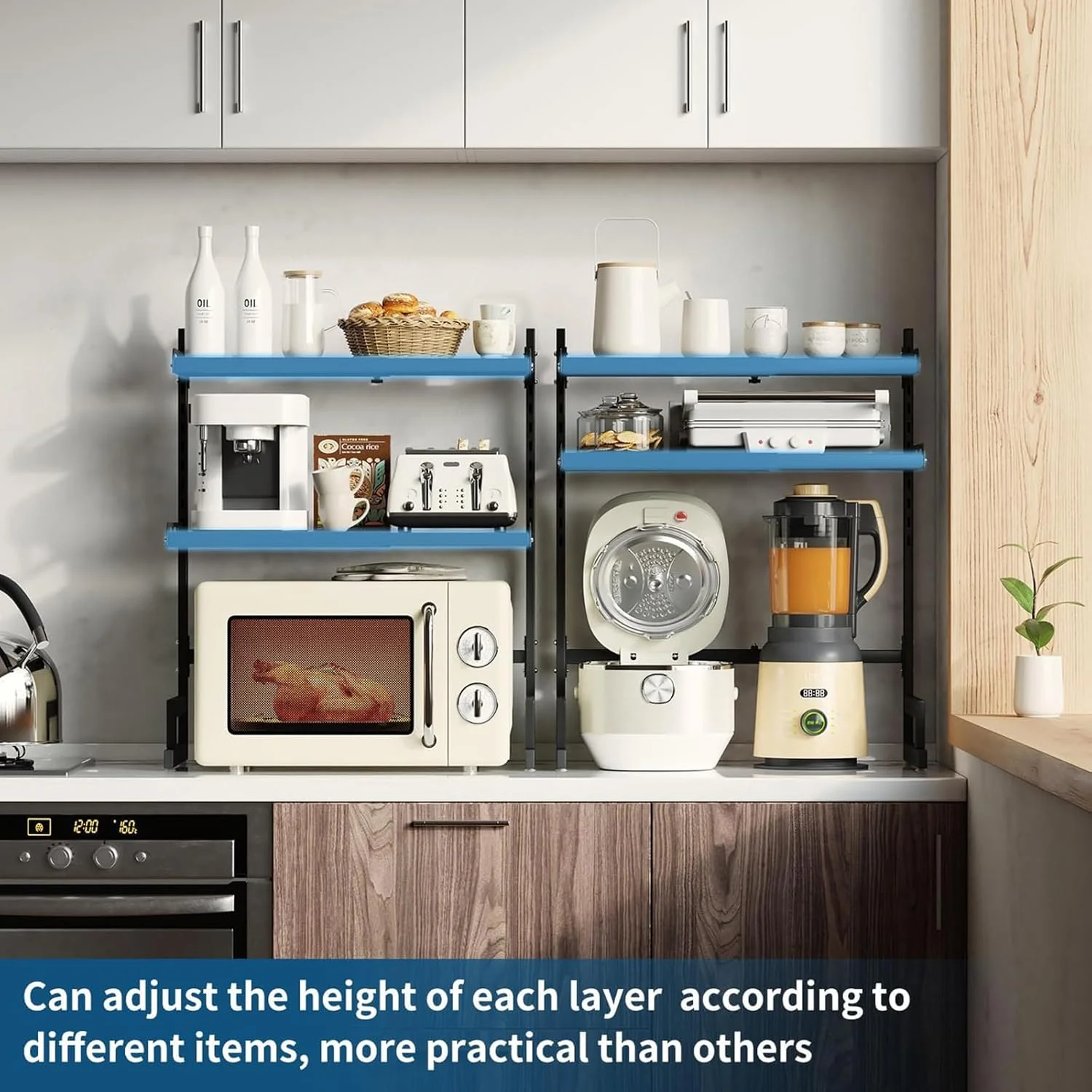 پایه مایکروویو قابل گسترش VUCATIN، قفسه مایکروویو قابل تنظیم 2 طبقه از جنس فولاد کربنی، سازمان دهنده رومیزی آشپزخانه، قفسه های مایکروویو، تحمل بار 55 پوند با 6 قلاب (ارتقا یافته/2 طبقه مشکی)