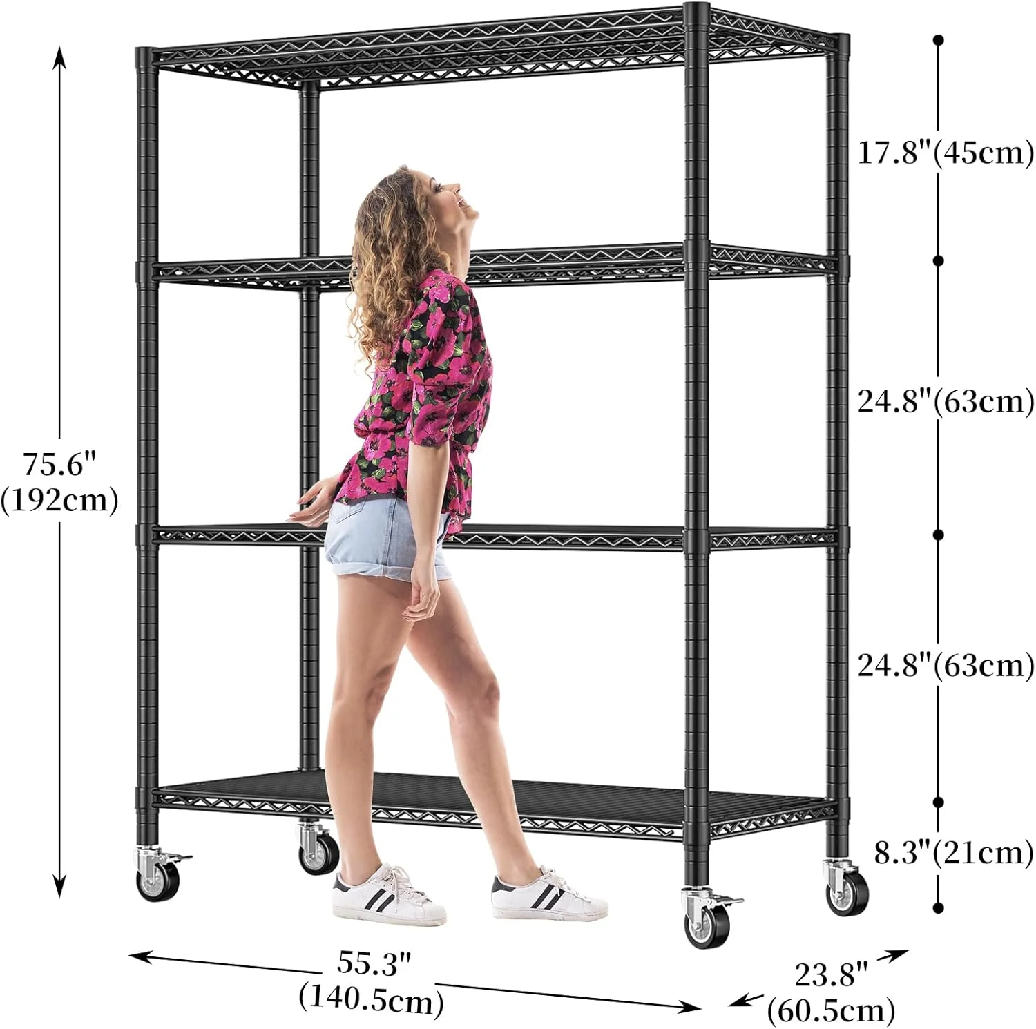یونیت قفسه بندی فلزی سنگین 4 طبقه Solerconm با چرخ، قفسه های ذخیره سازی سیمی با قابلیت تنظیم ارتفاع، یونیت قفسه بندی صنعتی فلزی برای آشپزخانه، انبار، انبار، زیرزمین، 140.5*60.9*192 سانتی متر