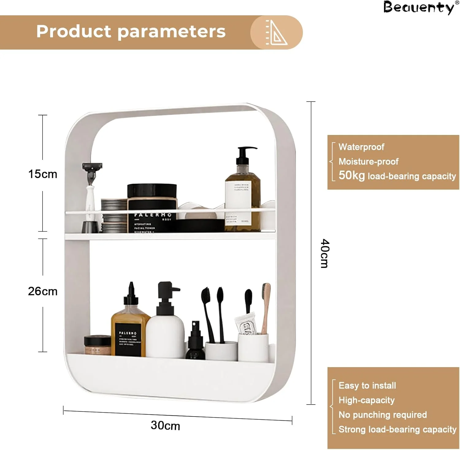قفسه حمام بدون نیاز به سوراخکاری Beauenty، کابینت دیواری ذخیره سازی حمام، سازمان دهنده دیواری حمام ضد زنگ و ضد آب برای خانه (سفید، 2 طبقه)