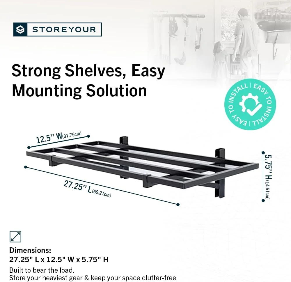 قفسه دیواری گاراژ StoreYourBoard بسته 2 عددی - قفسه بندی گاراژ دیواری 30 در 60 سانتی متری، تحمل وزن 45 کیلوگرم برای هر قفسه، قفسه های ذخیره سازی سنگین، مشکی