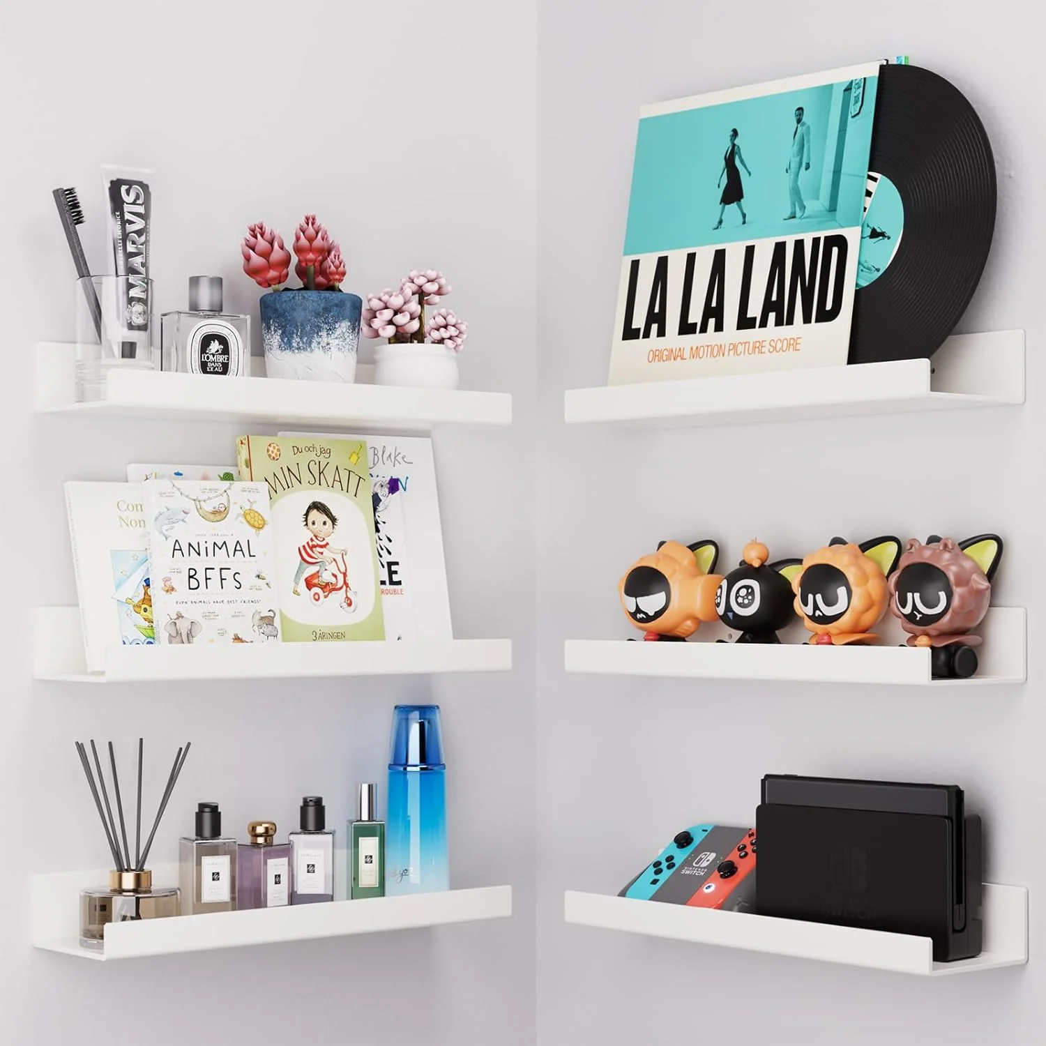 بسته 6 عددی شلف های چسبی سفید Viymgit، 15"x4" بدون نیاز به دریل، شلف دیواری اکریلیک | نصب دوگانه (چسب یا پیچ) قفسه ضد آب برای حمام، آشپزخانه، اتاق نشیمن، اتاق خواب