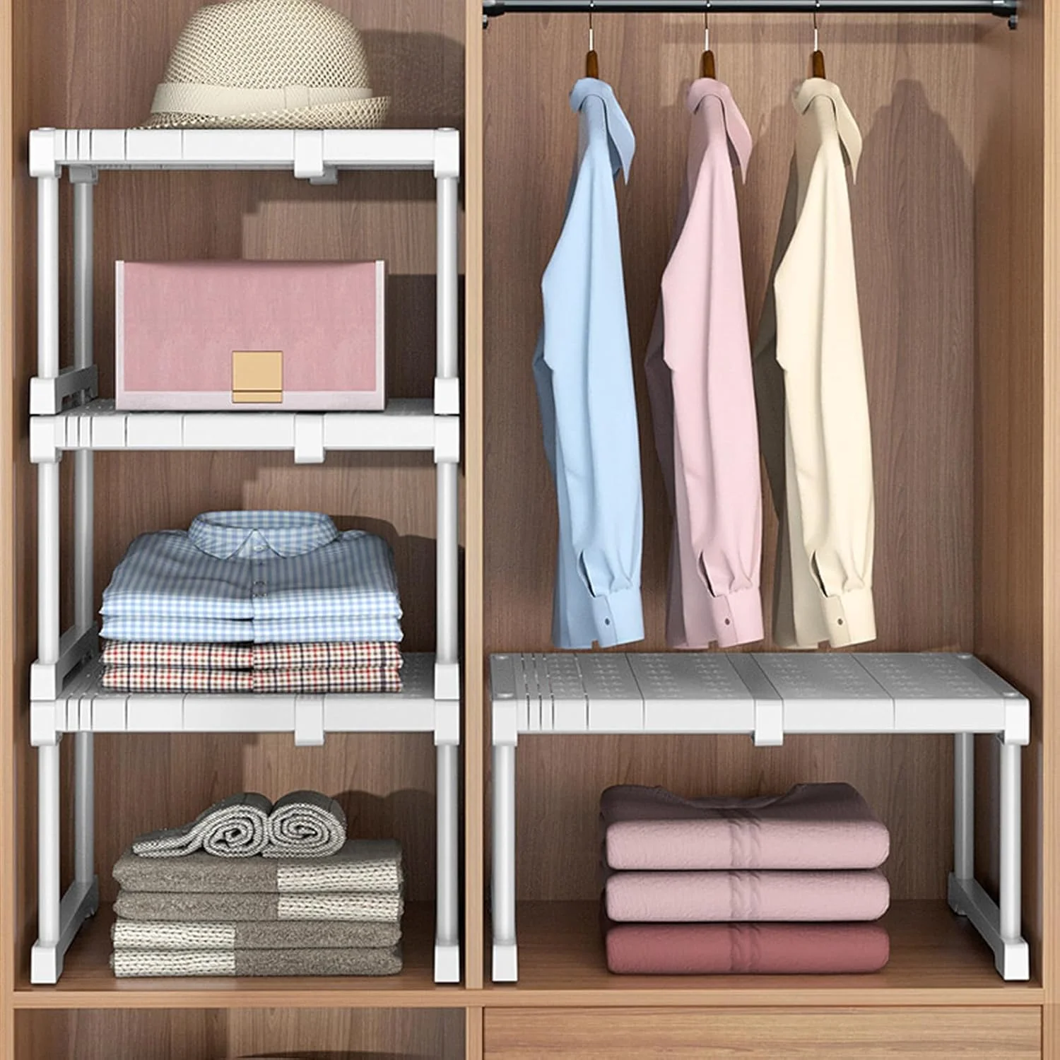 ارگانایزر قفسه کمد قابل گسترش Cryfokt، صرفه جویی در فضای قفسه های سازمان دهنده قابل انباشت با ظرفیت بار 121.3 پوند، قفسه ذخیره سازی کابینت برای کمد لباس، حمام، عرض 24 سانتی متر، ارتفاع 22 سانتی متر (طول