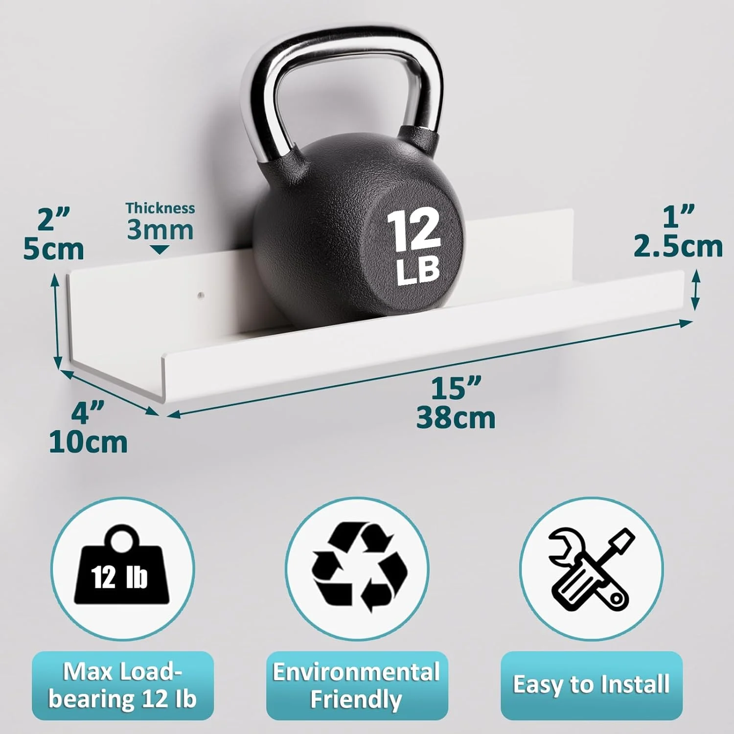 بسته 6 عددی شلف های چسبی سفید Viymgit، 15"x4" بدون نیاز به دریل، شلف دیواری اکریلیک | نصب دوگانه (چسب یا پیچ) قفسه ضد آب برای حمام، آشپزخانه، اتاق نشیمن، اتاق خواب