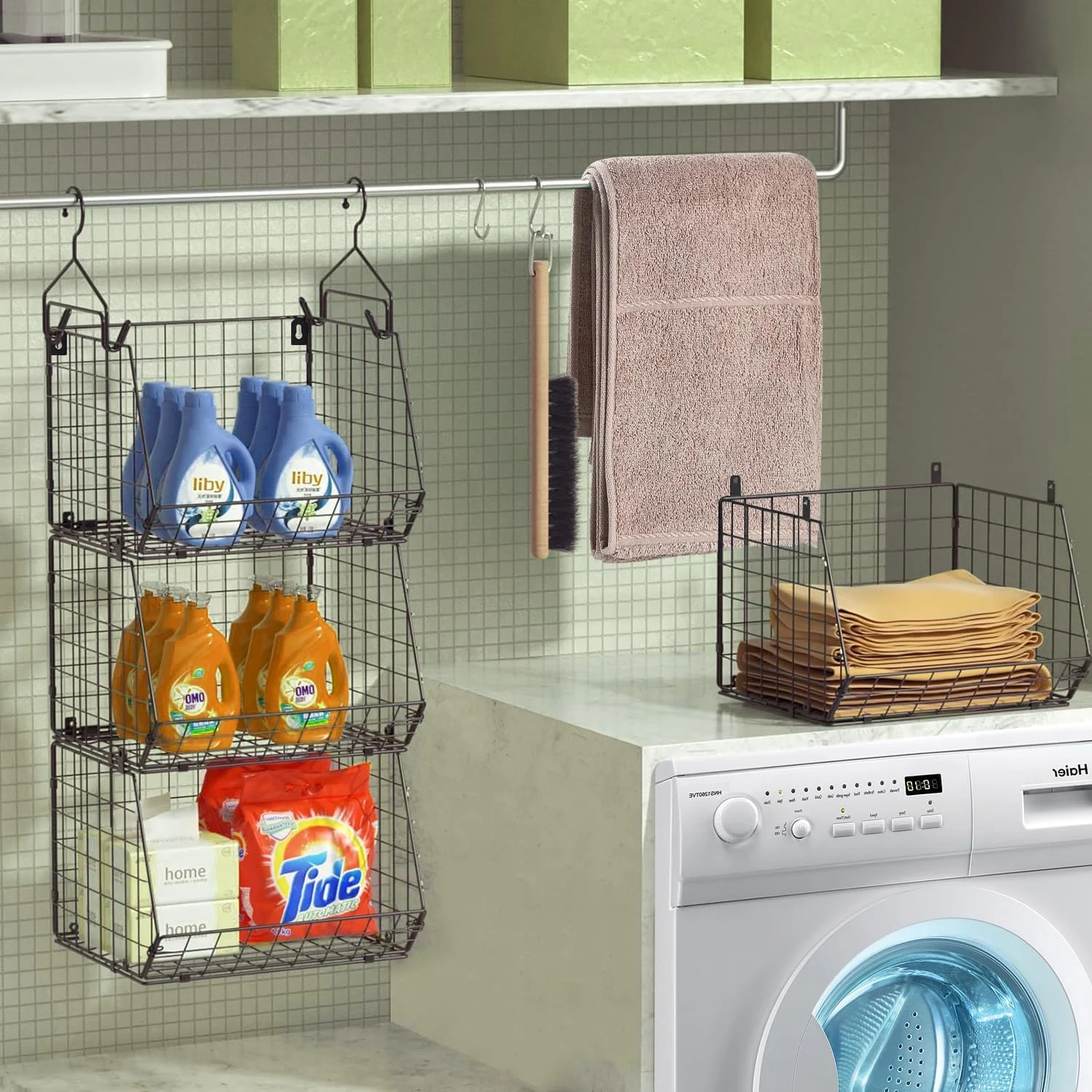 ارگانایزر کمد تاشو 3 طبقه Angju، قفسه لباس با قلاب، سبد سیمی آویز و کابینتی، برای لباس، ژاکت، کفش، کیف دستی و کلاچ