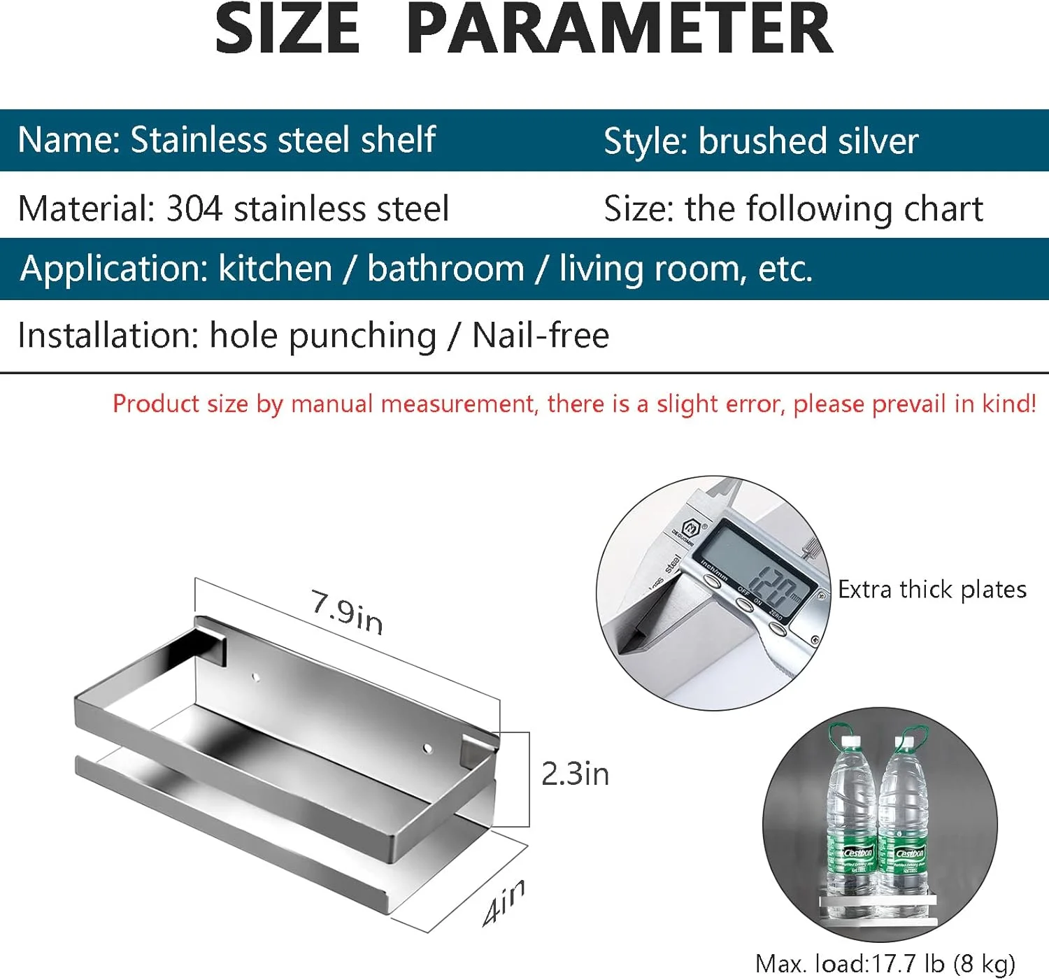 شلف شناور فلزی ضد زنگ GEINIFAFA، قفسه مستطیلی دیواری برای اتاق خواب، حمام، اتاق نشیمن، آشپزخانه و اتاق لباسشویی، قفسه های دیواری بدون میخ (نقره ای 7.9 اینچی)