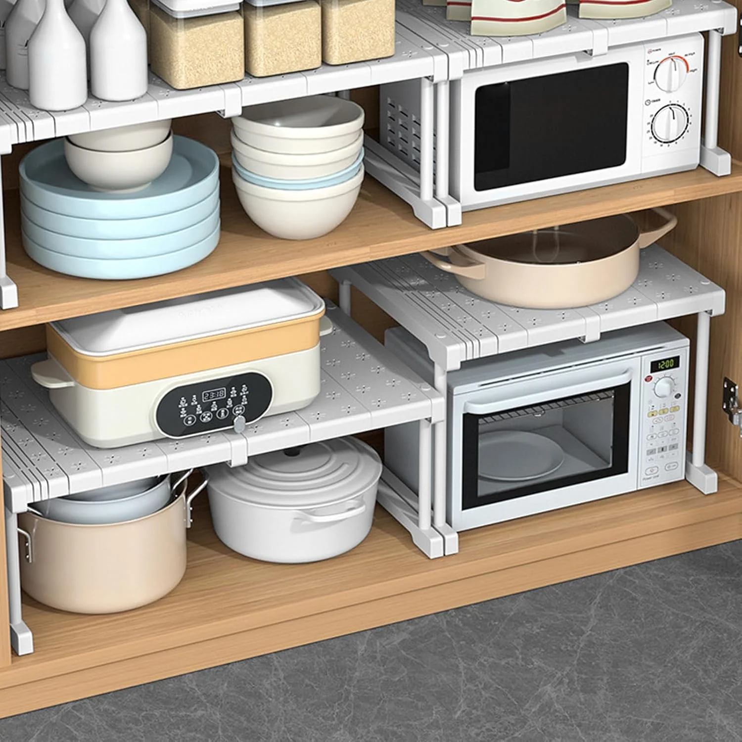 ارگانایزر قفسه کمد قابل گسترش Cryfokt، صرفه جویی در فضای قفسه های سازمان دهنده قابل انباشت با ظرفیت بار 121.3 پوند، قفسه ذخیره سازی کابینت برای کمد لباس، حمام، عرض 24 سانتی متر، ارتفاع 22 سانتی متر (طول